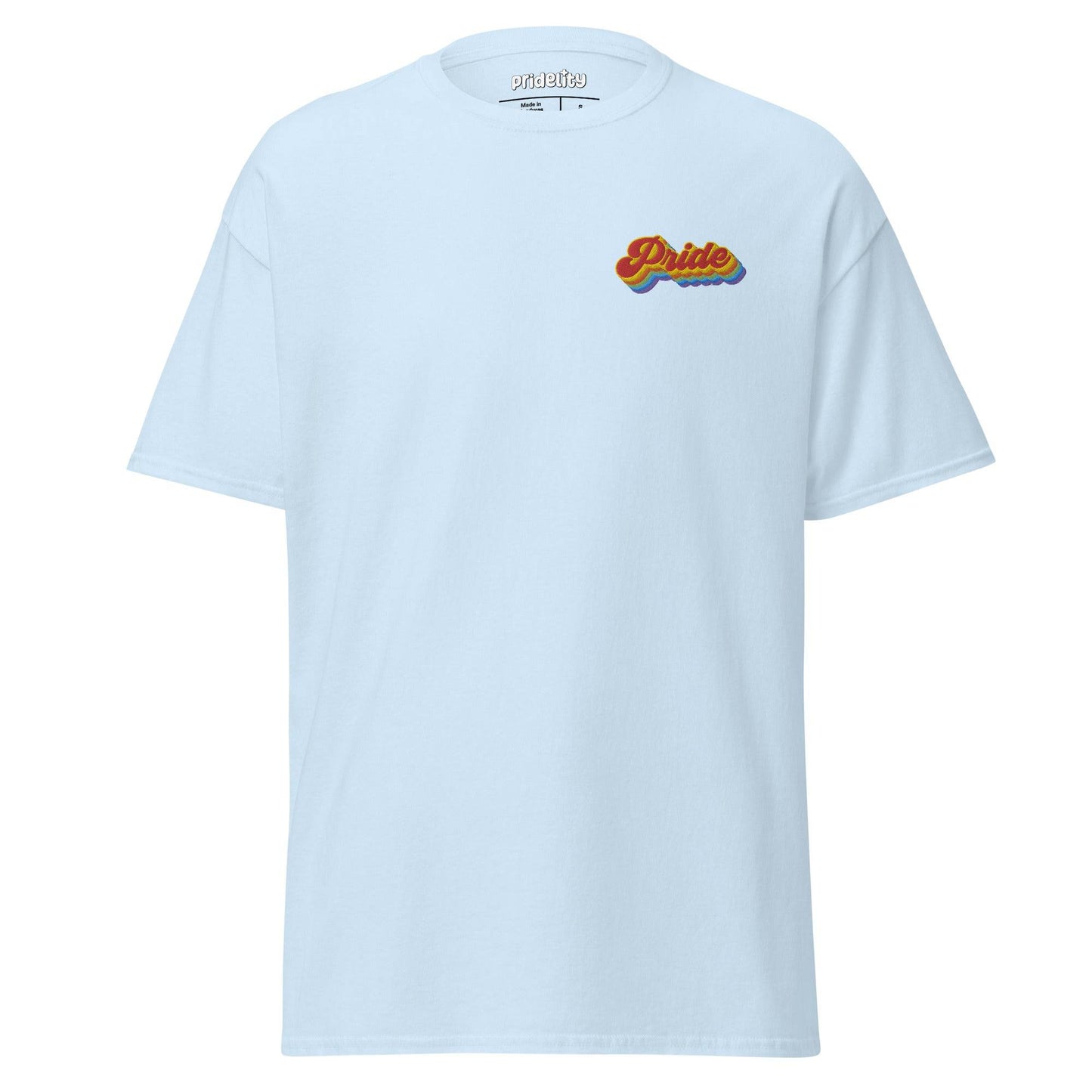 A Pride T-Shirt in vibrant red showcases a small, colorful "Pride" logo on the chest, with the brand name "Pridelity" elegantly displayed on the inside label at the neck.