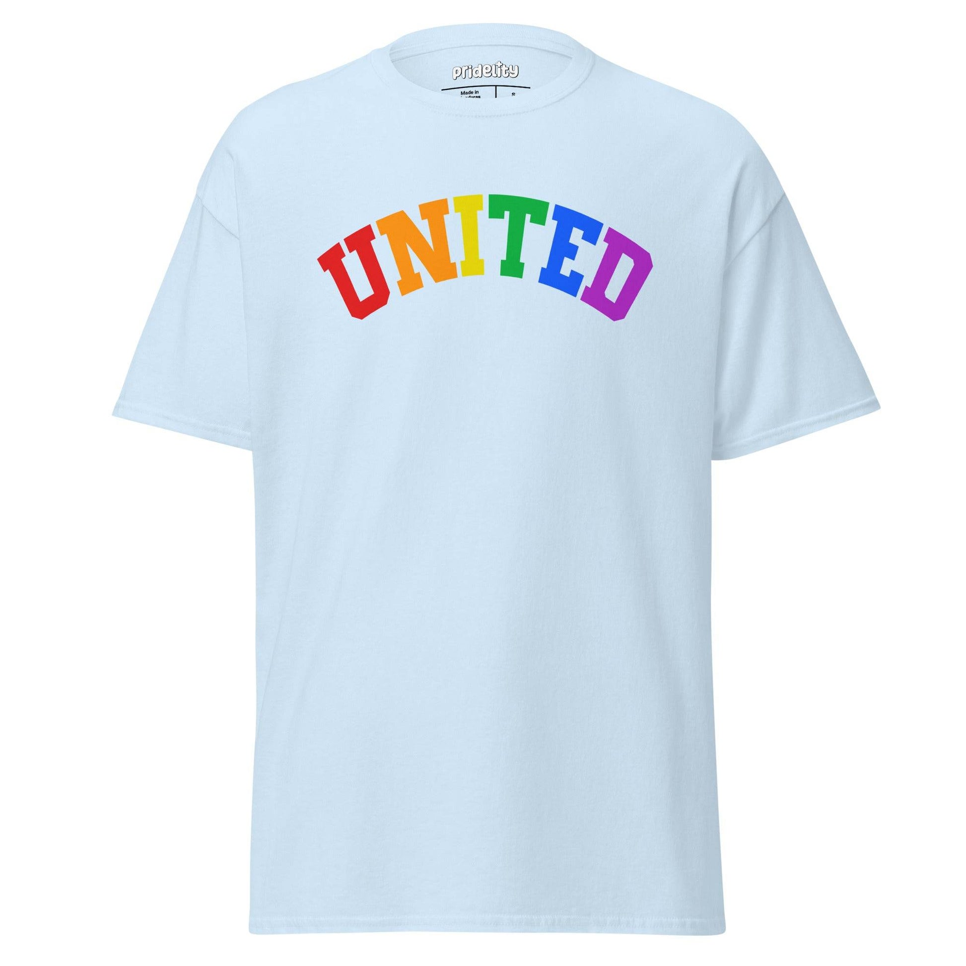 The Pridelity United T-Shirt showcases the word "UNITED" prominently on the front, with each letter seamlessly transitioning through vibrant rainbow colors.