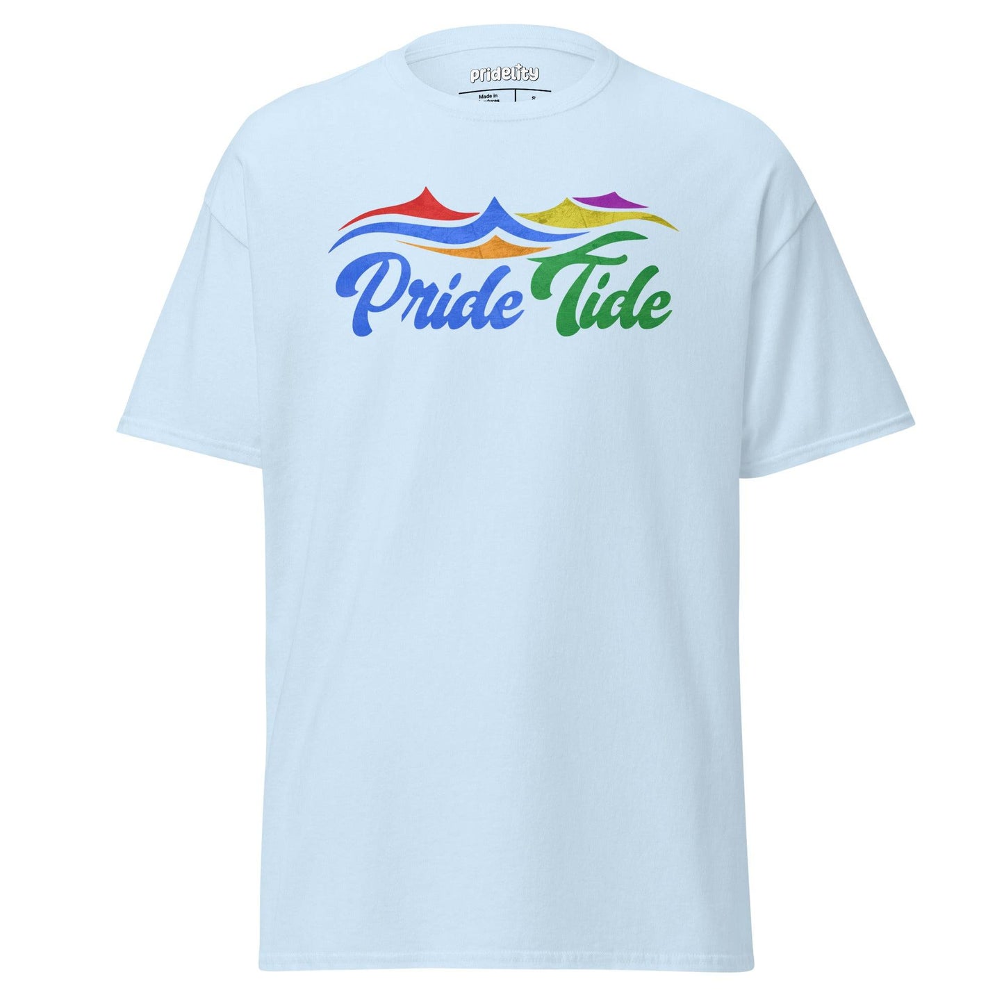 A black t-shirt from Pridelity features the words "Pride Tide" in vibrant rainbow colors, with stylized wave shapes also depicted in rainbow hues.