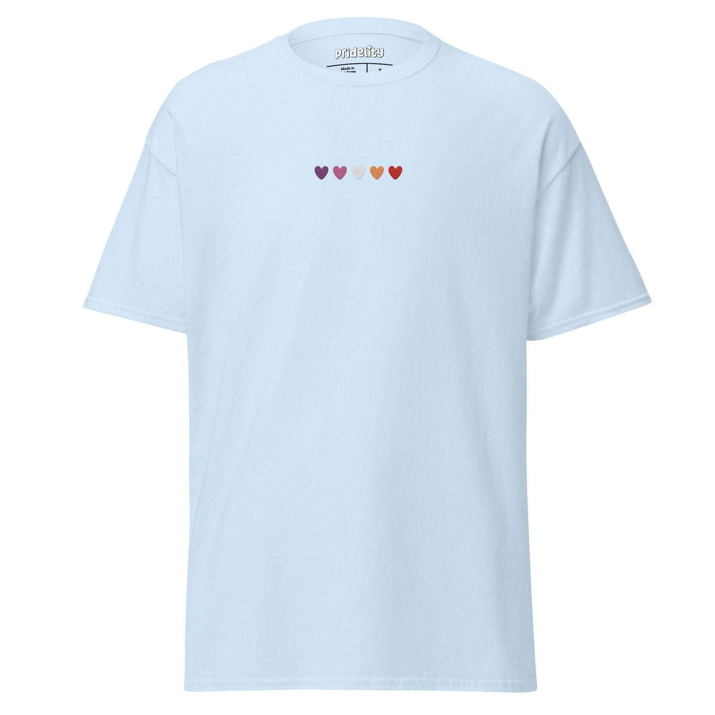 A maroon t-shirt called the Lesbian Love T-Shirt features six small hearts across the chest, each in different colors: purple, blue, teal, green, orange, and yellow. The brand name "Pridelity" is printed on the inside of the neckline.