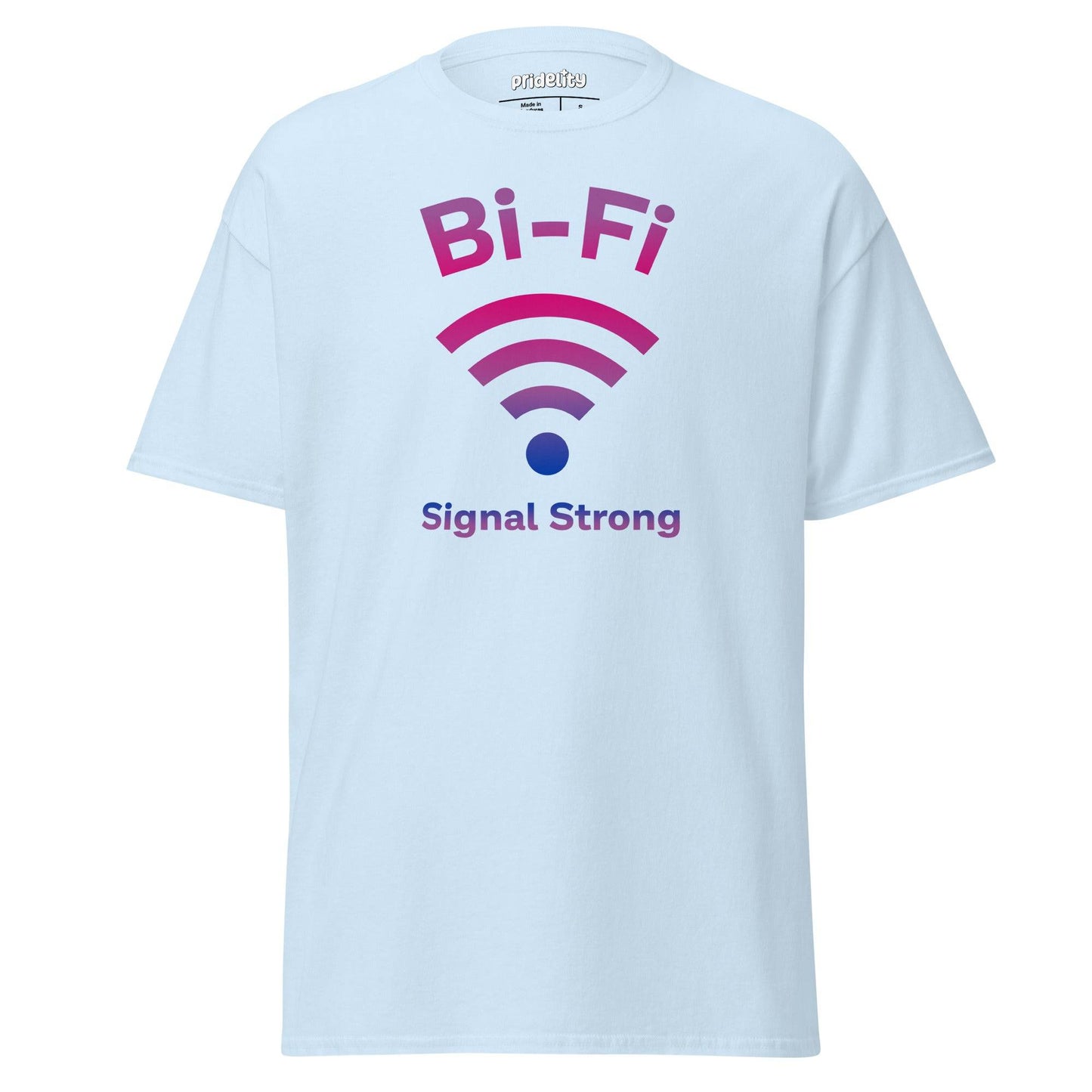 Pridelity's Bi-Fi T-Shirt showcases "Bi-Fi" above a pink and purple Wi-Fi symbol, with "Signal Strong" below. This vibrant tee from our Pride Collection celebrates connection and identity with style.
