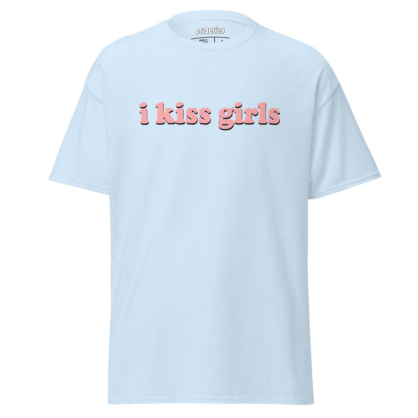 Introducing the I Kiss Girls T-Shirt by Pridelity: a white pride shirt with standout pink text saying "i kiss girls," designed on a simple backdrop.