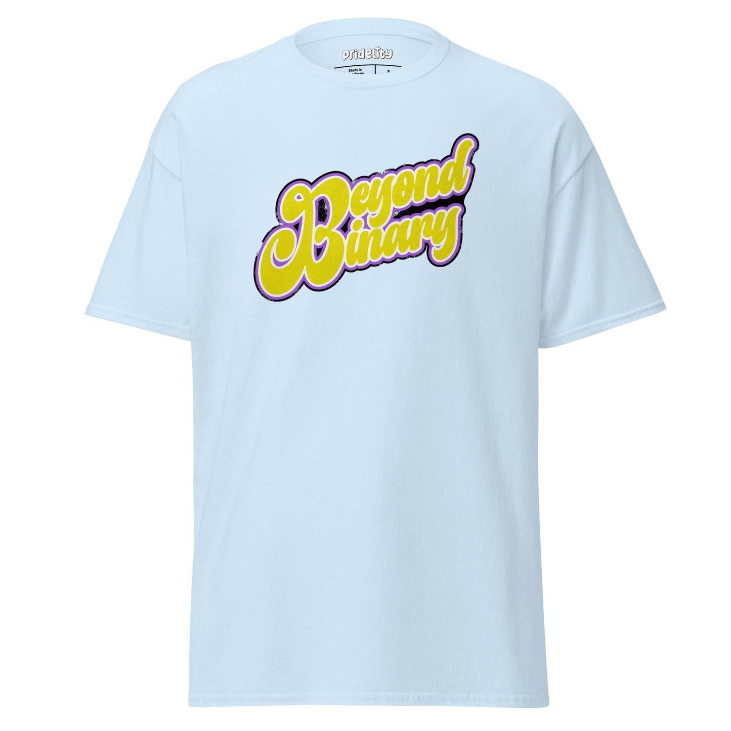 The Beyond Binary T-Shirt from Pridelity showcases bold, stylized purple and yellow text reading "Beyond Binary" across the chest, and it's part of our Pride Collection.