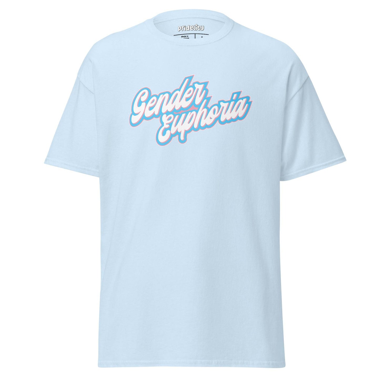 Light blue Pridelity T-shirt from our exclusive pride collection, featuring "Gender Euphoria" boldly printed in white and pink script across the front.