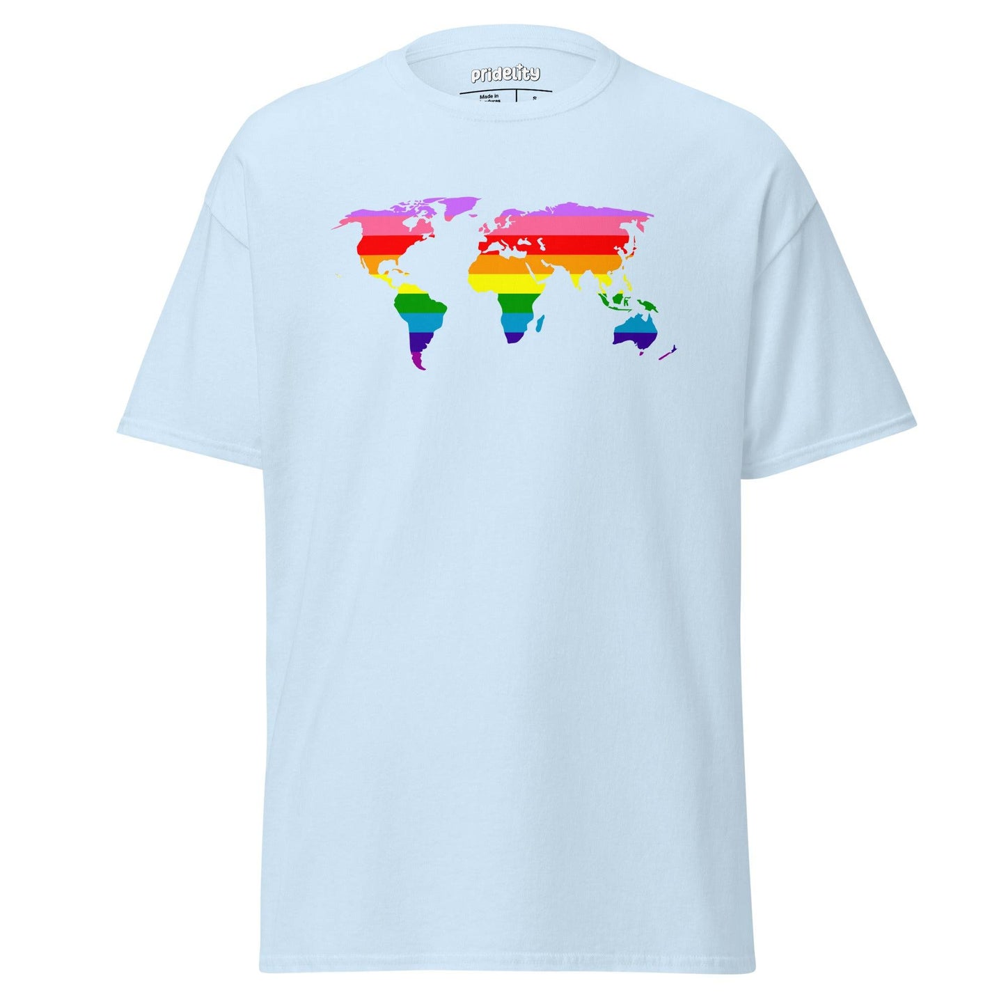 The World Pride T-Shirt by Pridelity features a striking world map design in rainbow colors across the chest, set on a light blue background.