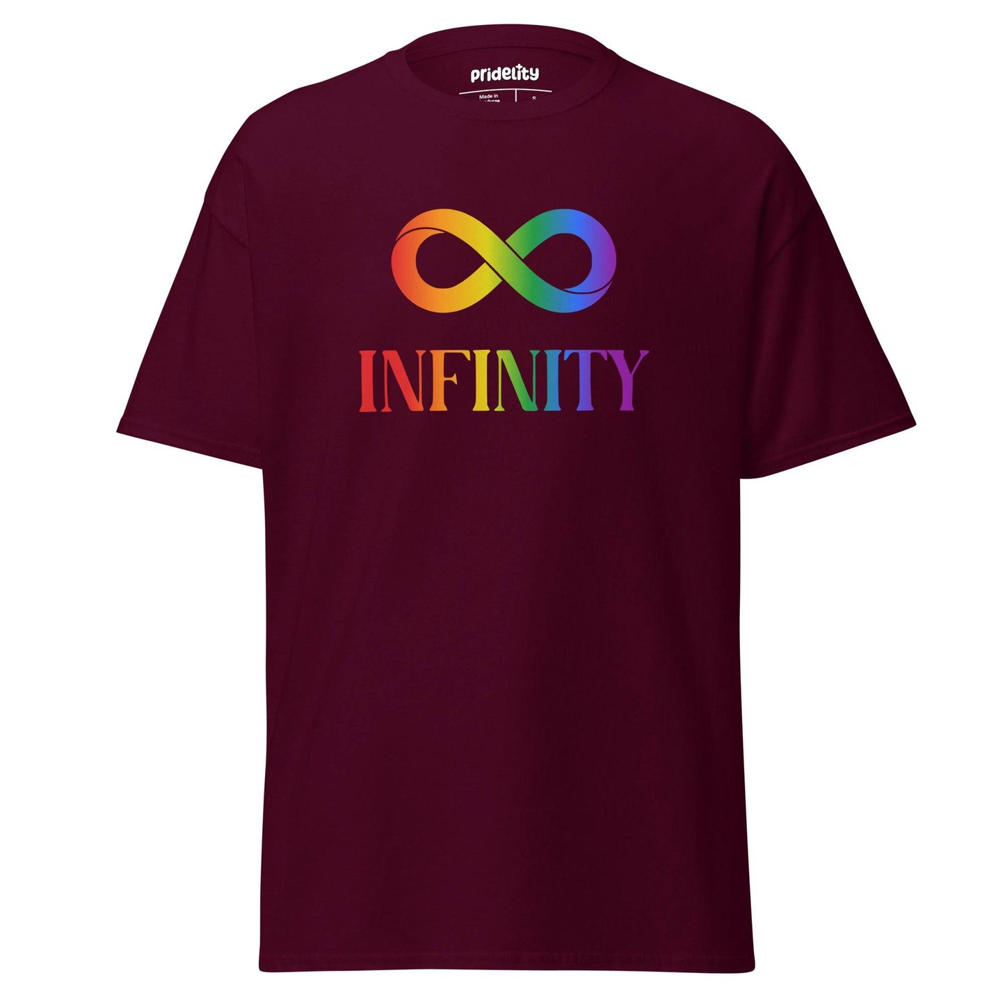 A Pridelity Infinity T-Shirt featuring a white design with a rainbow infinity symbol above the word "INFINITY" in bold, colorful letters.