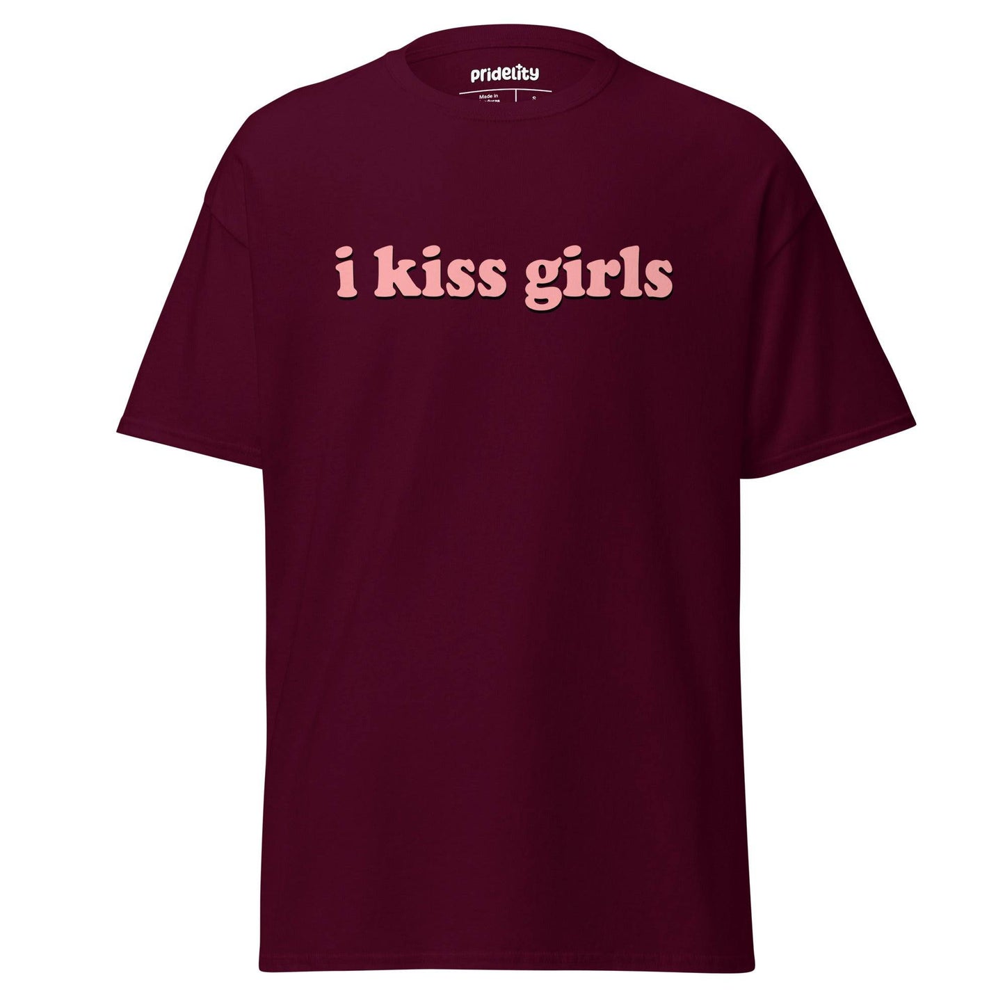 Introducing the I Kiss Girls T-Shirt by Pridelity: a white pride shirt with standout pink text saying "i kiss girls," designed on a simple backdrop.