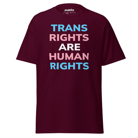 A Pridelity Trans Rights T-Shirt in black, featuring the phrase "Trans Rights Are Human Rights" in bold letters adorned with light blue, pink, and white colors.