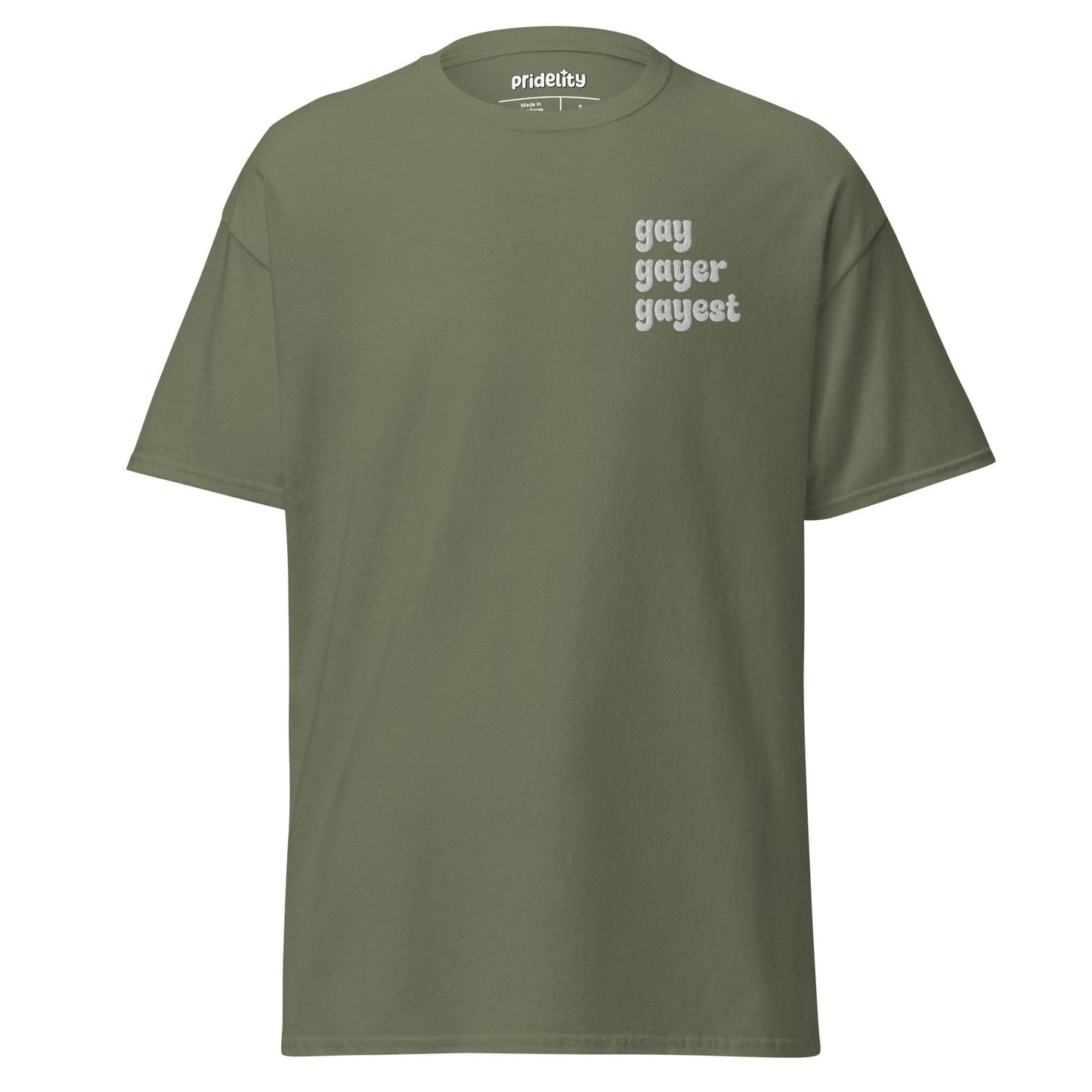 Introducing the Pridelity "Gay, Gayer, Gayest" T-Shirt, a light blue item from our pride collection with "gay gayer gayest" elegantly printed in light beige on the top left.