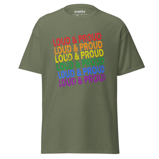 Introducing the Pridelity Loud & Proud T-Shirt: a striking black tee adorned with the "Loud & Proud" phrase in a stacked design, showcasing each line in a unique rainbow hue.