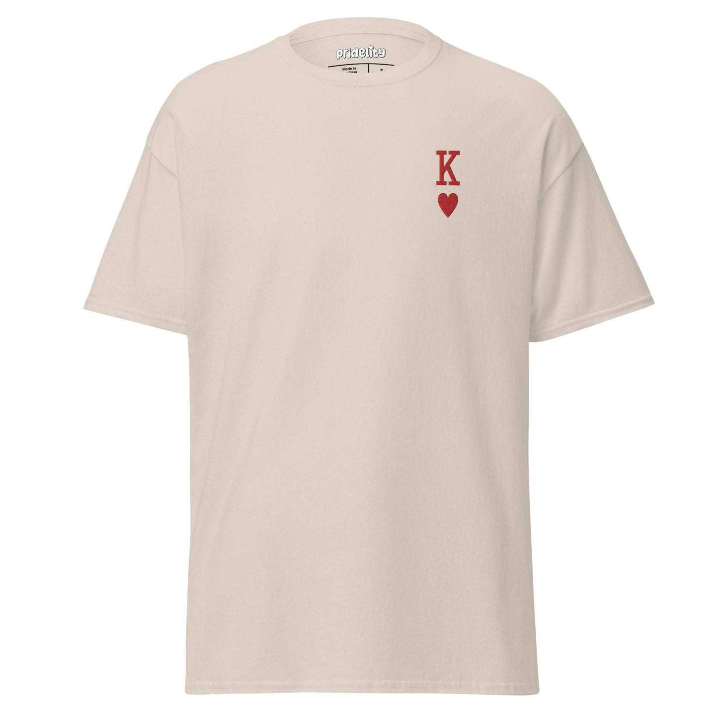 A white King of Hearts T-Shirt by Pridelity, featuring a small red letter "K" and a heart symbol on the left chest area.