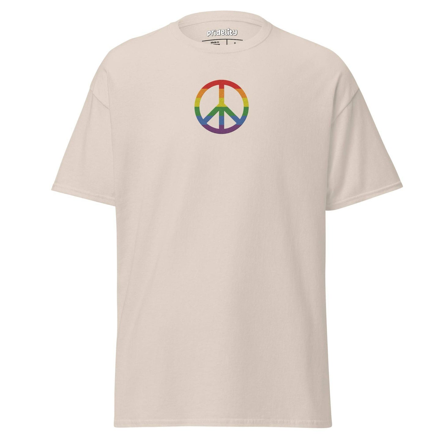 Pridelity's black Peace T-Shirt showcases a rainbow-colored peace symbol prominently in the center.
