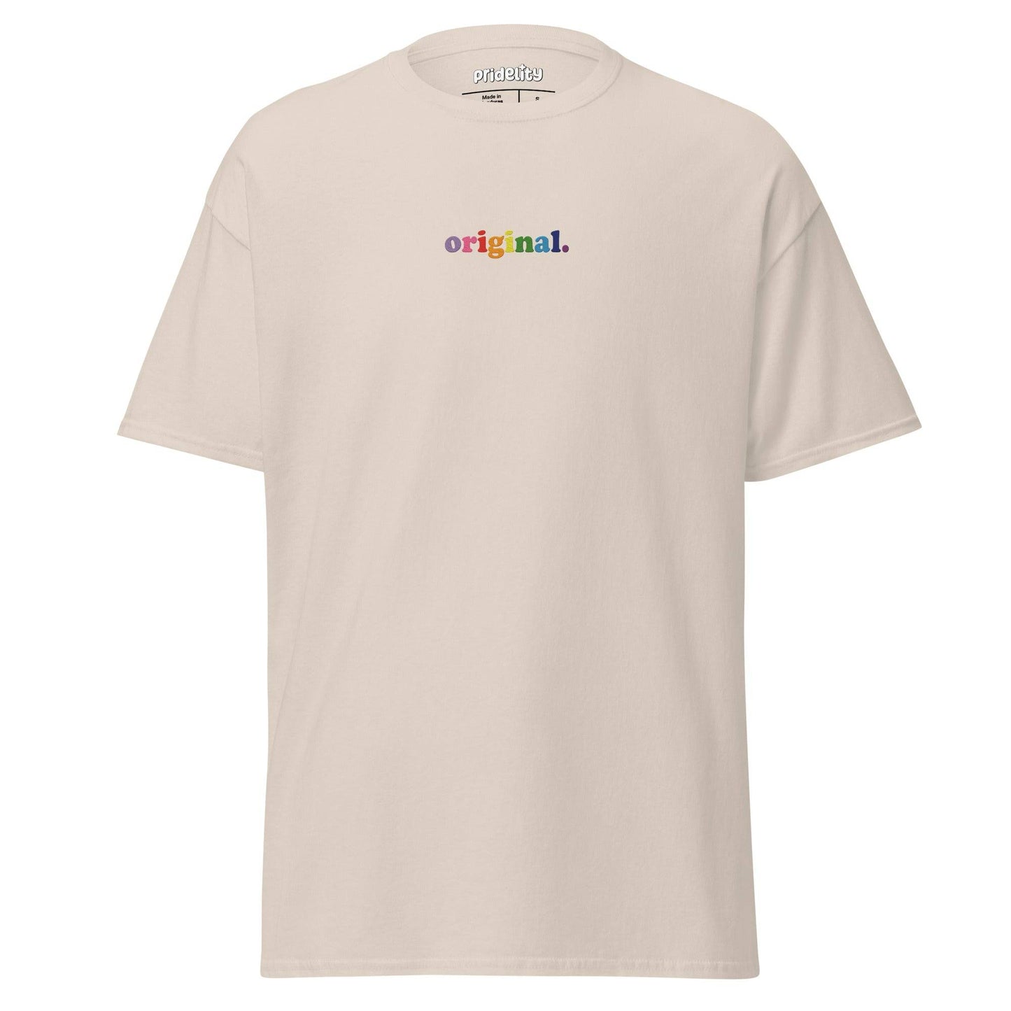 The Original T-Shirt by Pridelity is a plain white pride shirt showcasing the word "original." in lowercase multicolored text across the chest. With its short sleeves and round neckline, it stands as a statement of bold authenticity.