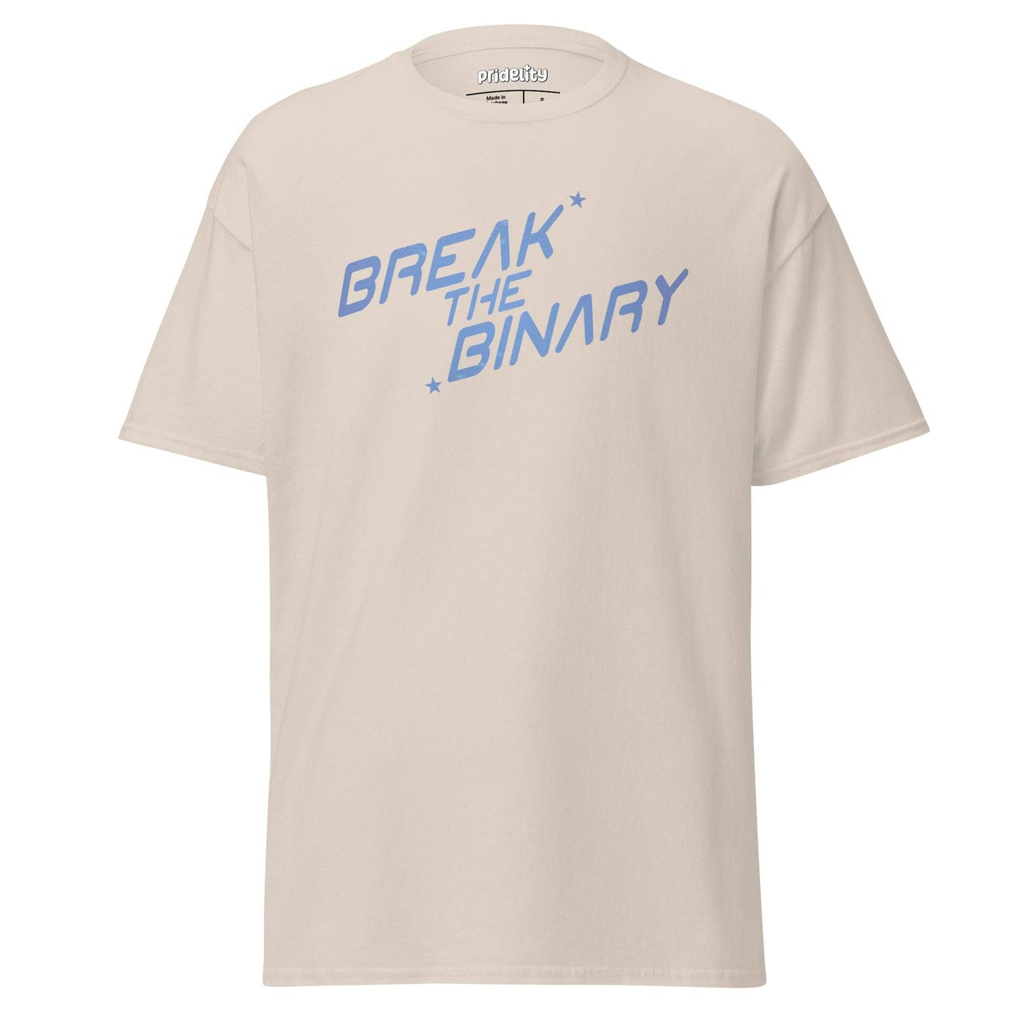 The Break The Binary T-Shirt by Pridelity, part of our Pride Collection, showcases the phrase "BREAK THE BINARY" prominently in light blue, bold, slanted text across the front of a white T-shirt. The straightforward design highlights a message of pride and inclusivity.