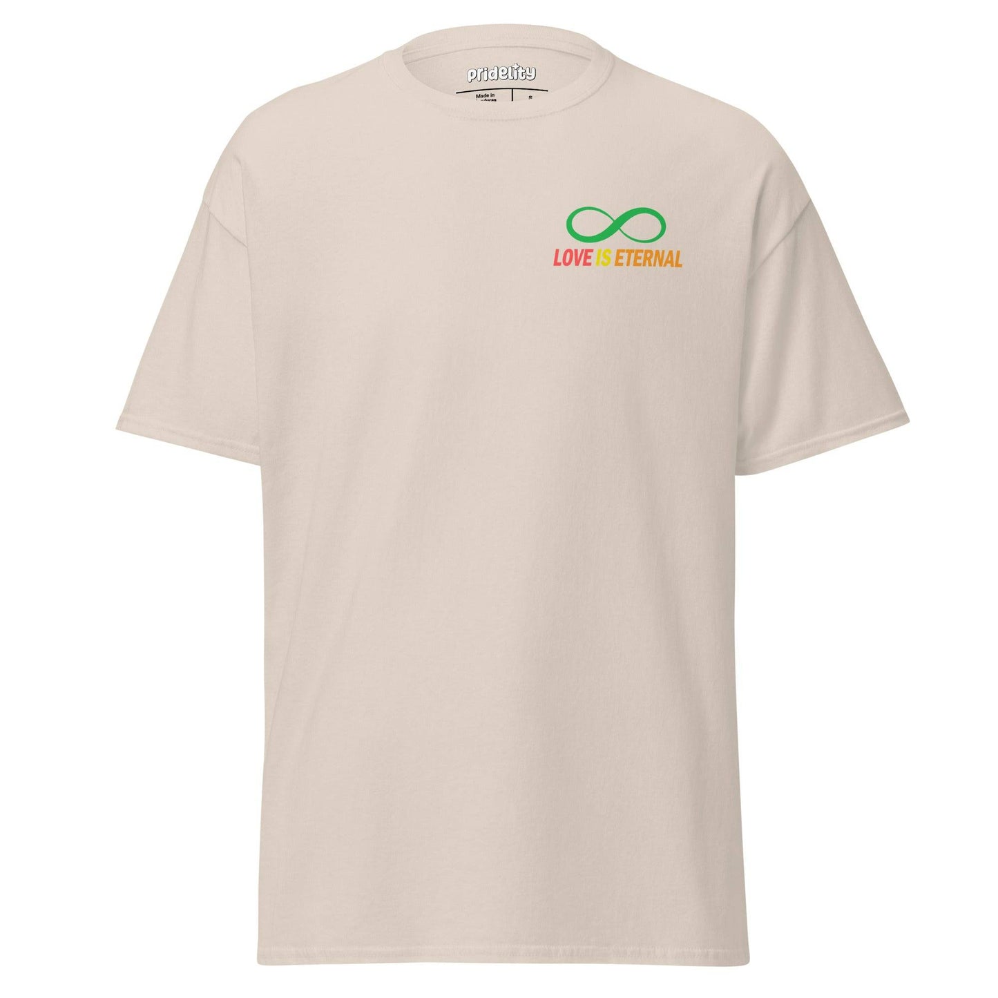 The Love Is Eternal T-Shirt by Pridelity features a colorful infinity symbol and the phrase "Love is Eternal" on the chest, all set against a black background. This pride shirt celebrates timeless love and unity.