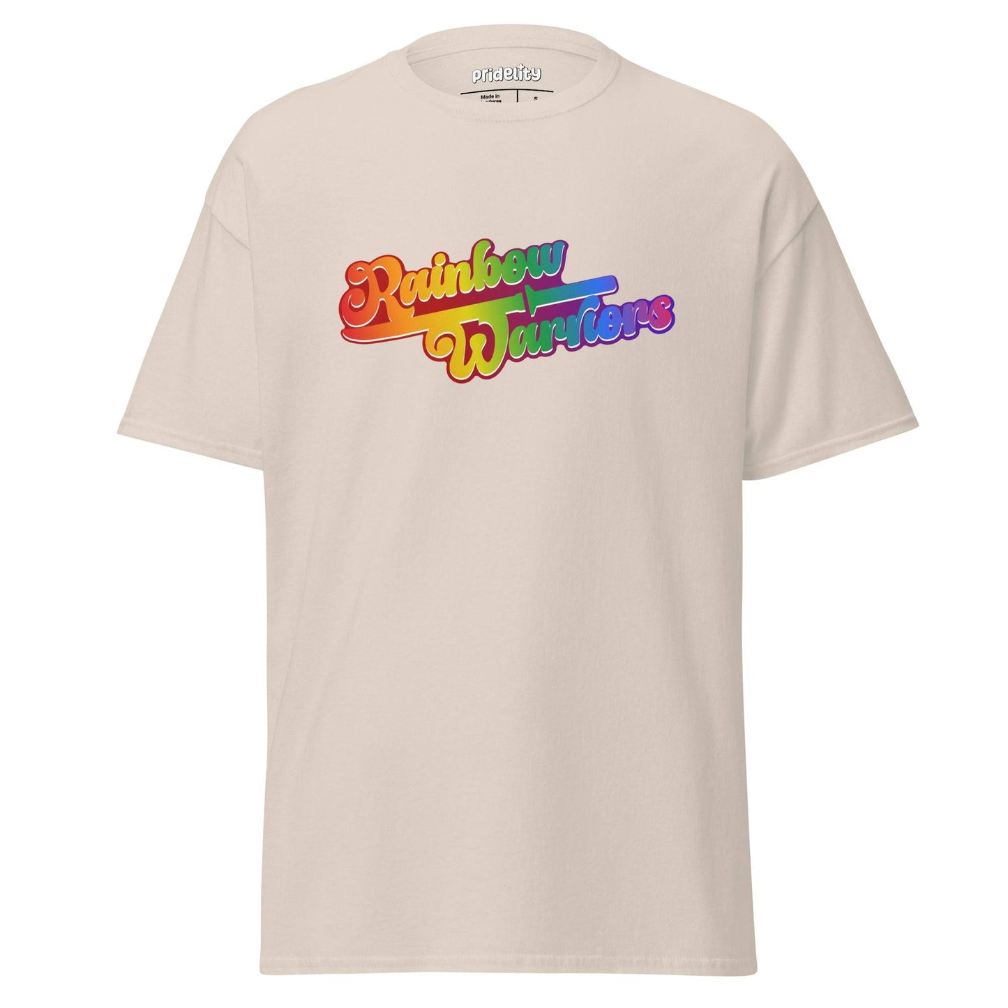 A gold Rainbow Warriors T-Shirt by Pridelity featuring the phrase "Rainbow Warriors" printed on the front in colorful, gradient letters.