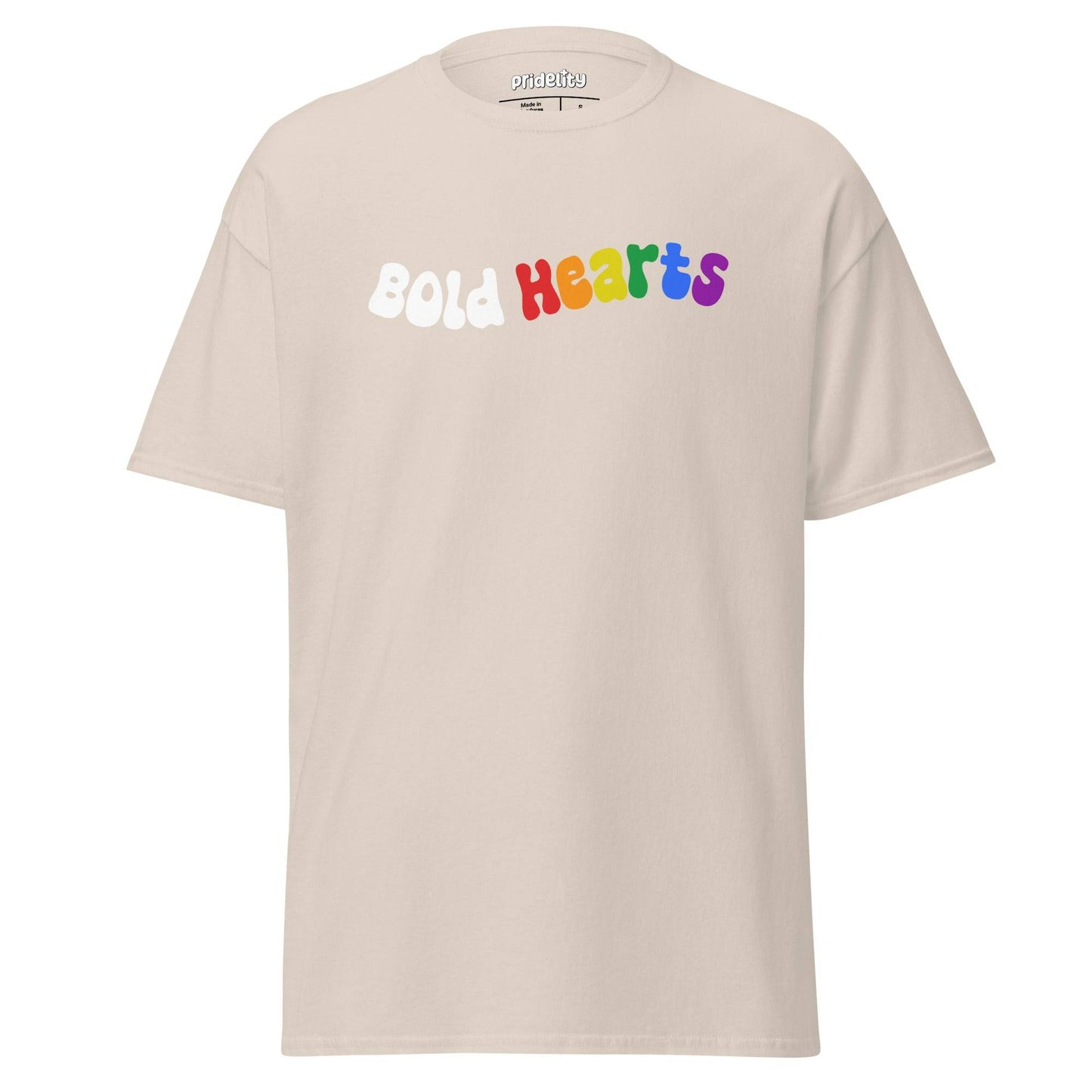 Introducing the "Bold Hearts T-Shirt" by Pridelity: a vibrant black t-shirt from our Pride Collection, showcasing the playful text "Bold Hearts." Each letter explodes with a unique color—white, red, orange, yellow, green, and purple—celebrating individuality and love.