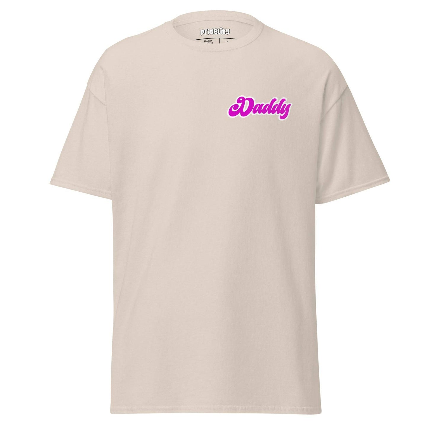 The Daddy T-Shirt from Pridelity's Pride Merch line is a purple t-shirt that features the word "Daddy" in pink and white on the left chest area.