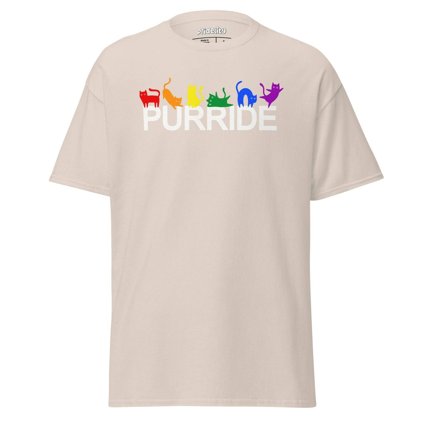 Pridelity's black Purride T-Shirt features the word "PURRIDE" in striking white letters, each adorned with a bright rainbow-colored cat silhouette. The array of red, orange, yellow, green, blue, and purple cats adds a playful nod to diversity through a feline lens.