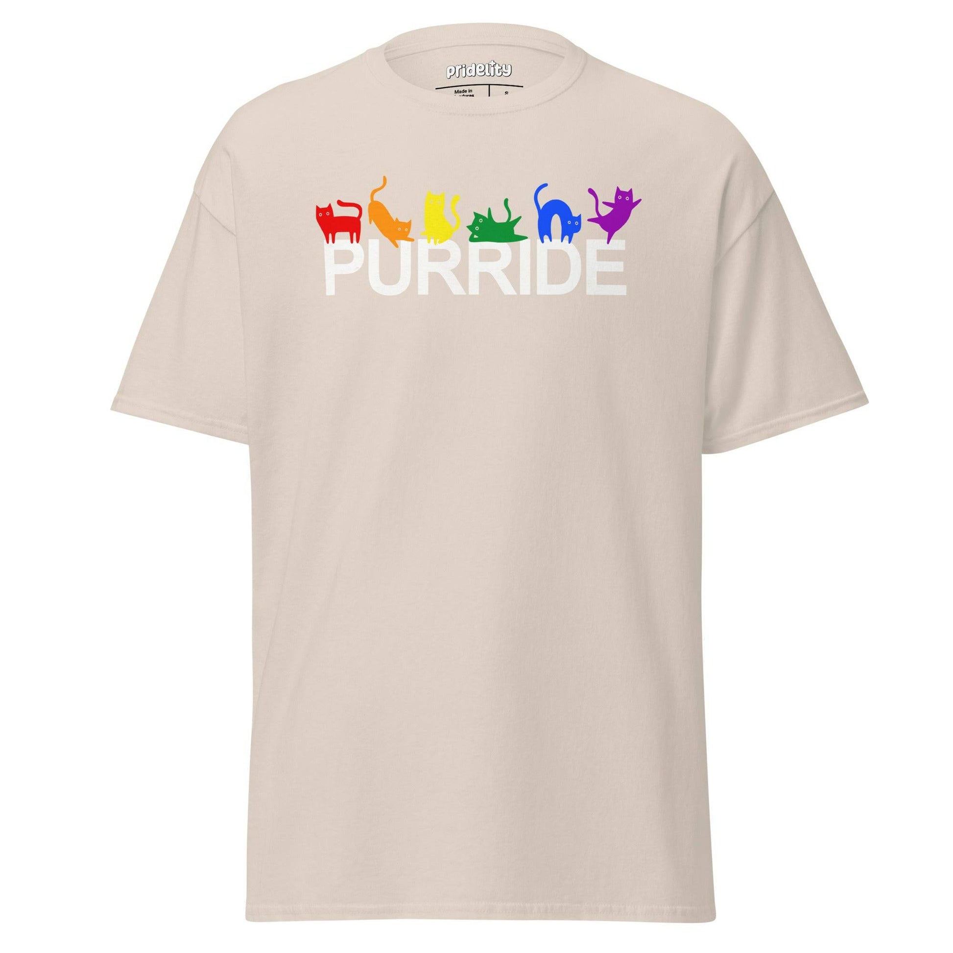Pridelity's black Purride T-Shirt features the word "PURRIDE" in striking white letters, each adorned with a bright rainbow-colored cat silhouette. The array of red, orange, yellow, green, blue, and purple cats adds a playful nod to diversity through a feline lens.