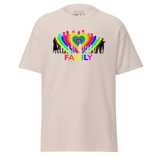 A natural-colored Family T-Shirt from Pridelity's pride collection features a striking rainbow silhouette of a family with a heart at the center. The word "FAMILY" is elegantly displayed in rainbow colors below, making it an essential piece of pride merchandise.