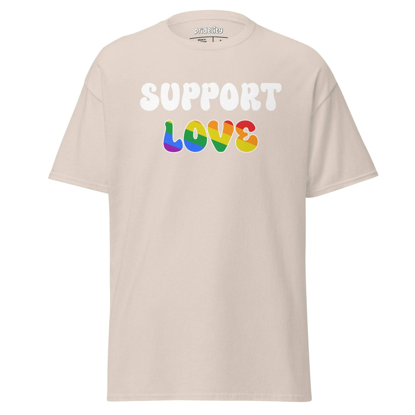 A red Pridelity Support T-Shirt featuring the bold and colorful phrase "SUPPORT LOVE.
