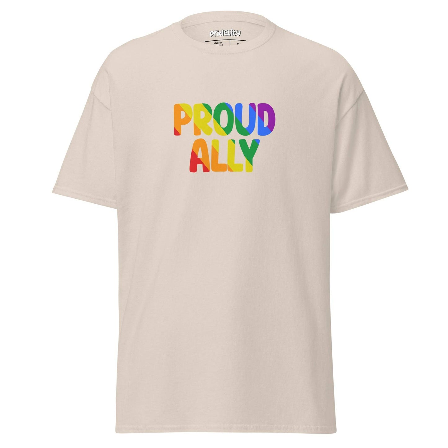 A black Proud Ally T-Shirt from Pridelity, showcasing "Proud Ally" in bold, rainbow-colored letters across the chest.