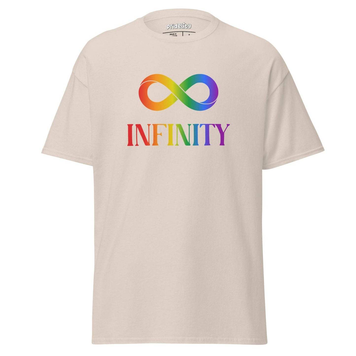 A Pridelity Infinity T-Shirt featuring a white design with a rainbow infinity symbol above the word "INFINITY" in bold, colorful letters.