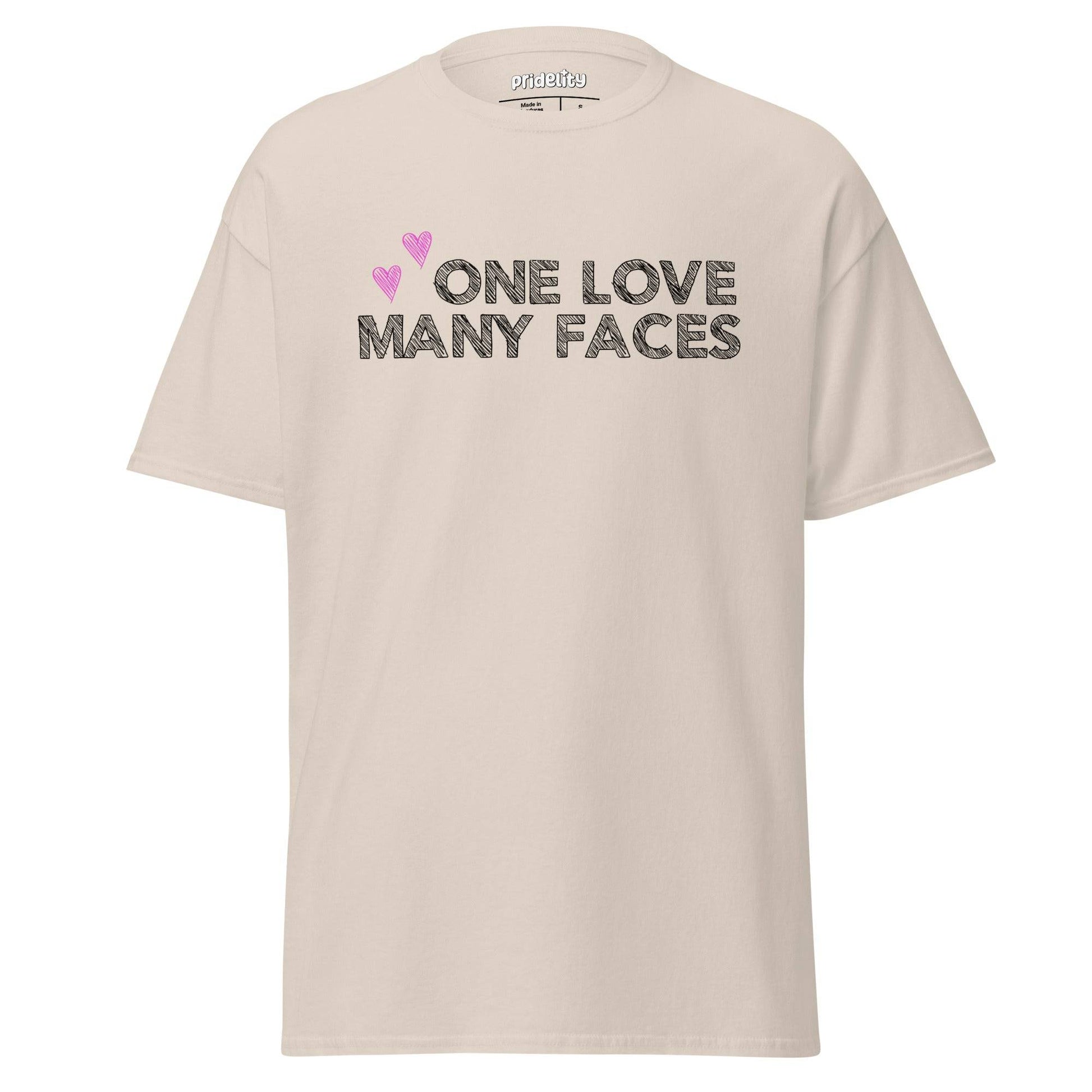 The One Love T-Shirt by Pridelity is a natural-colored pride shirt prominently displaying the message "One Love Many Faces" in bold black letters, complemented by two pink hearts above. It stands out elegantly against a simple white background, celebrating unity and diversity in style.