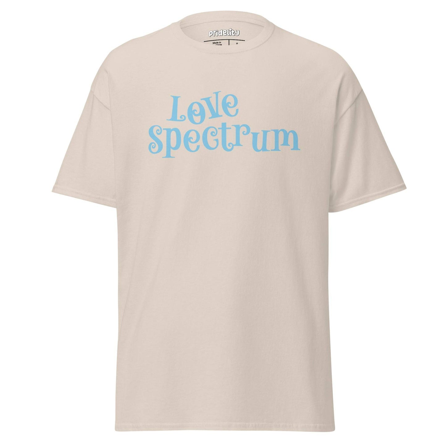 Introducing the Love Spectrum T-Shirt by Pridelity: This delightful white shirt features light blue text whimsically spelling out "Love Spectrum," embodying diversity and acceptance with its playful pride-inspired design.