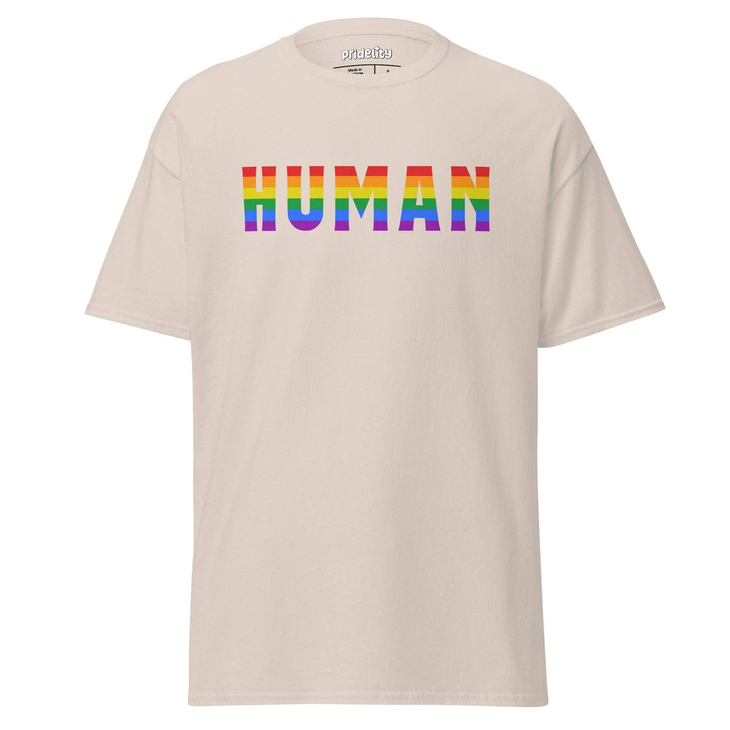 Introducing the Human T-Shirt by Pridelity: a stylish black tee featuring the word "HUMAN" in bold, uppercase letters filled with a vibrant rainbow gradient. This pride shirt embodies diversity and inclusion, celebrating unity and acceptance with flair.