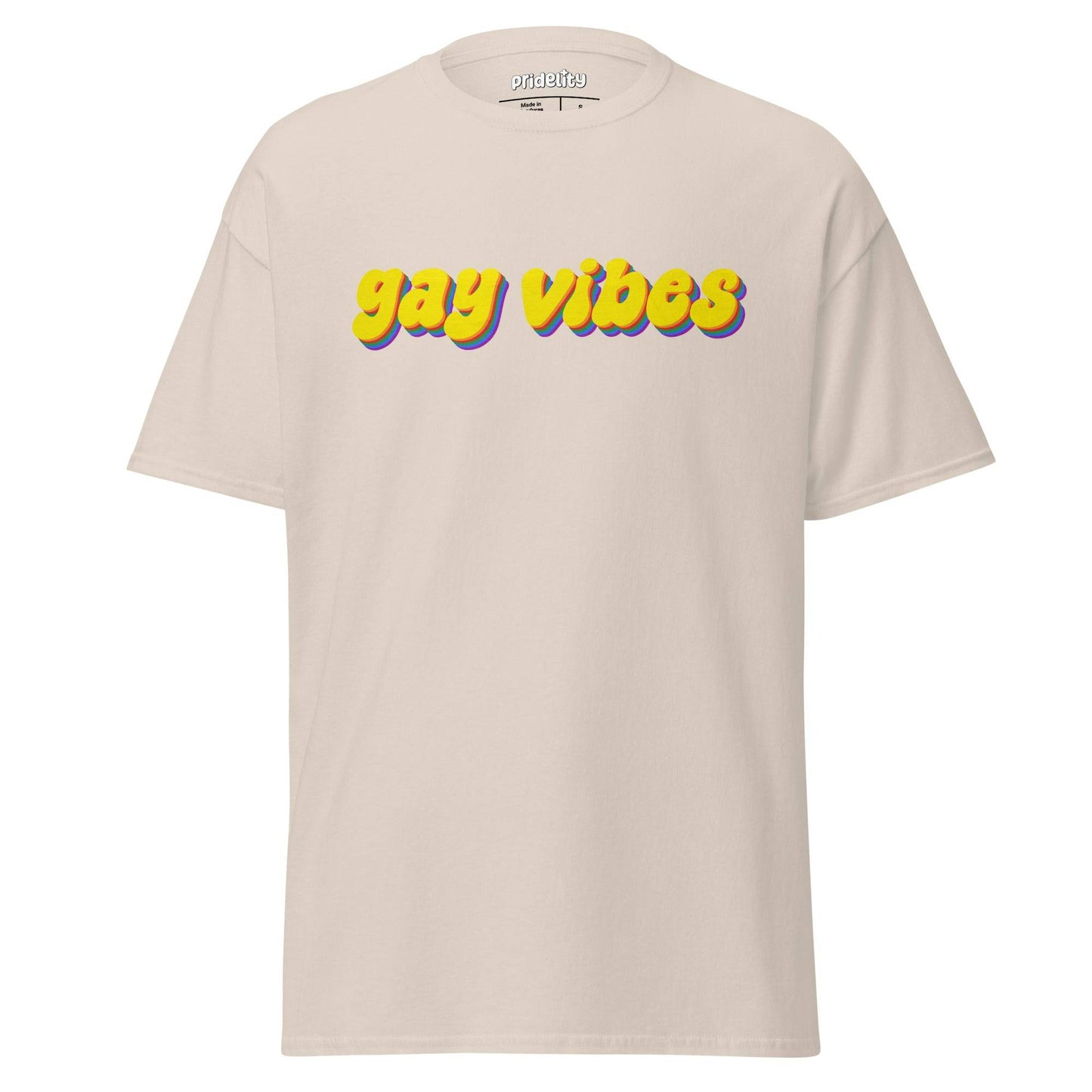 A gold Gay Vibes T-Shirt, crafted by Pridelity, features the bold and colorful "gay vibes" lettering on the front, celebrating vibrant pride merchandise.