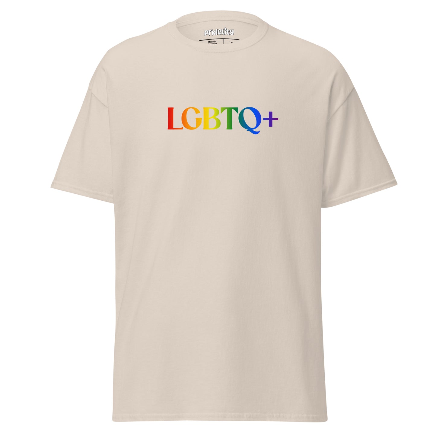 White Pridelity LGBTQ+ T-Shirt showcasing the text "LGBTQ+" in vibrant rainbow colors.
