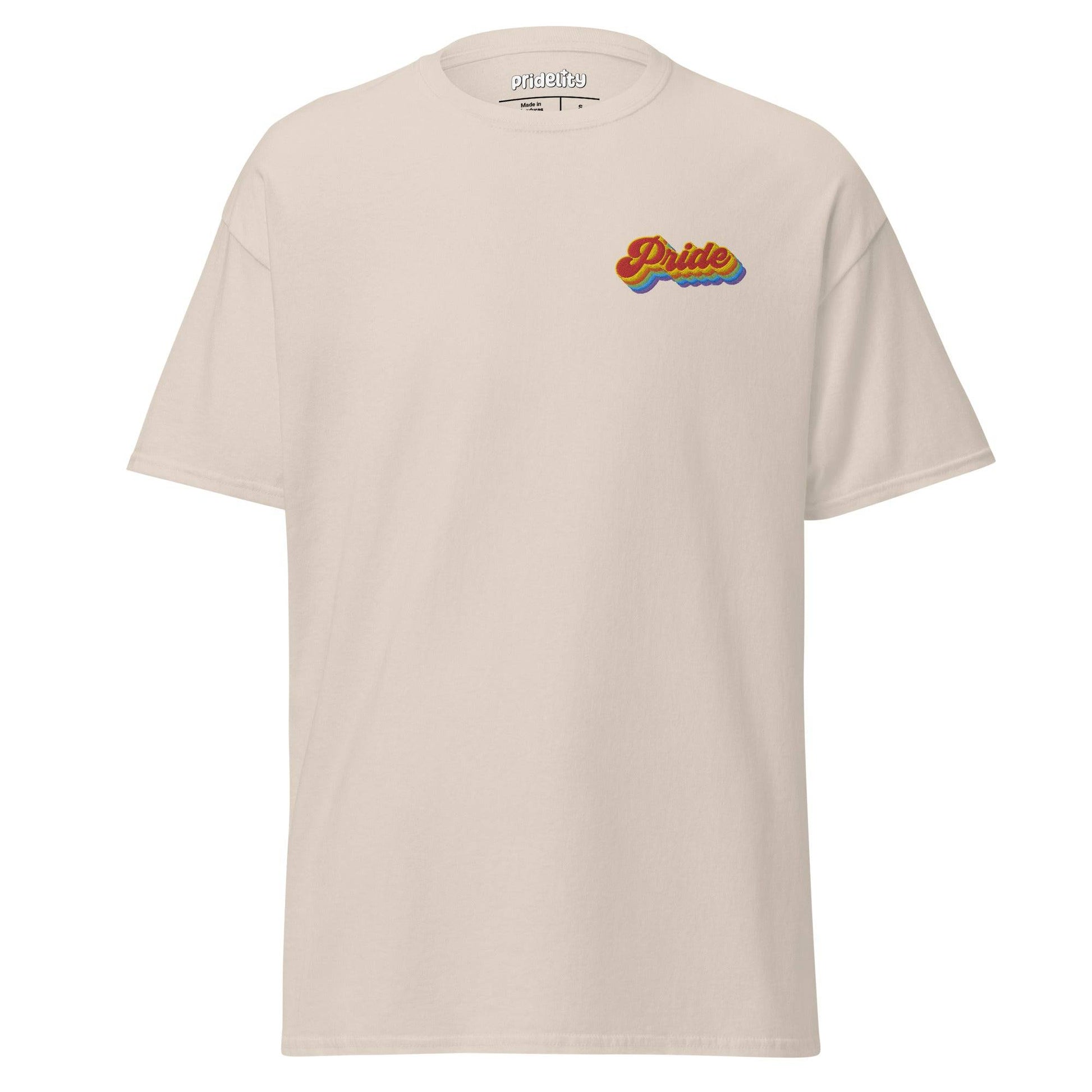 A Pride T-Shirt in vibrant red showcases a small, colorful "Pride" logo on the chest, with the brand name "Pridelity" elegantly displayed on the inside label at the neck.
