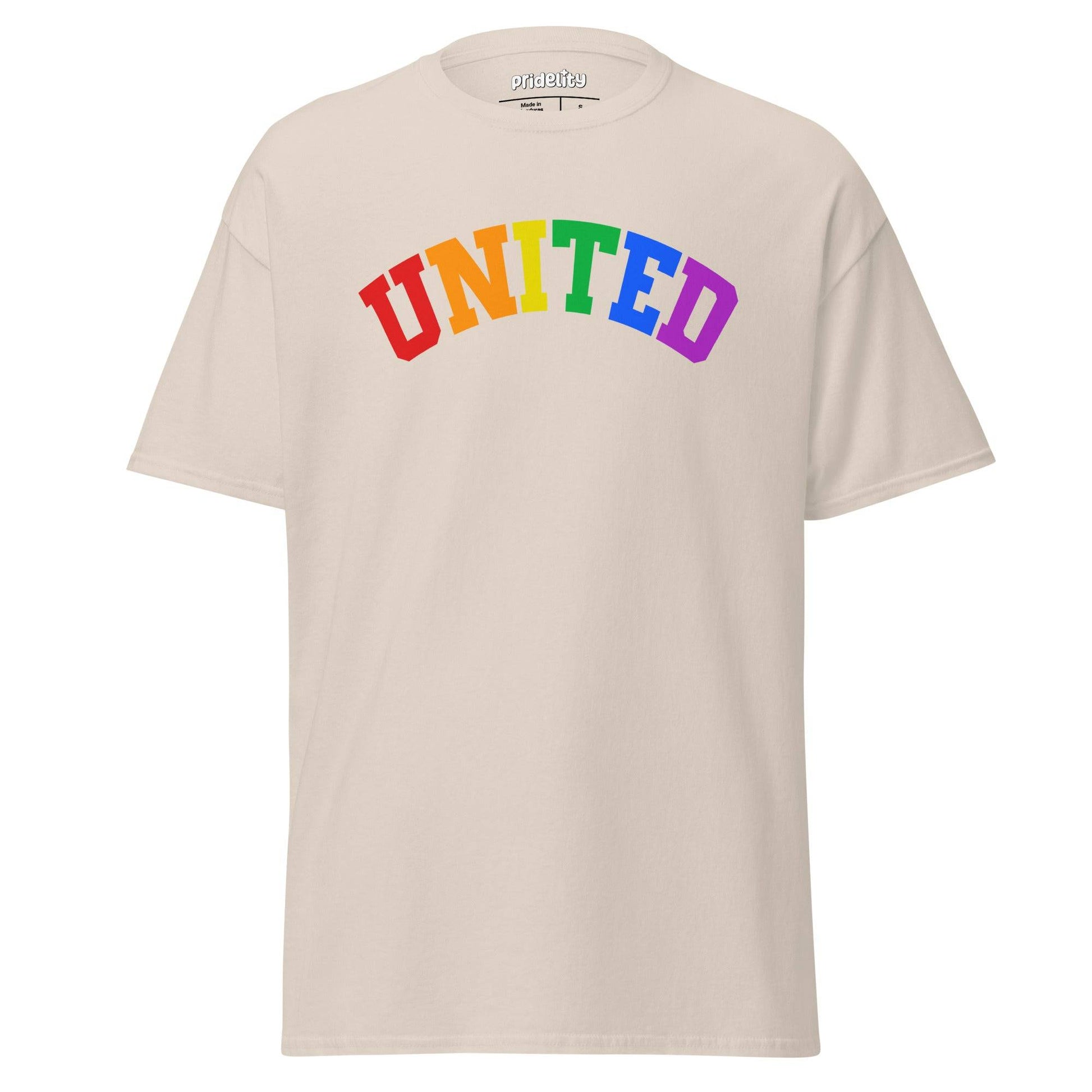 The Pridelity United T-Shirt showcases the word "UNITED" prominently on the front, with each letter seamlessly transitioning through vibrant rainbow colors.