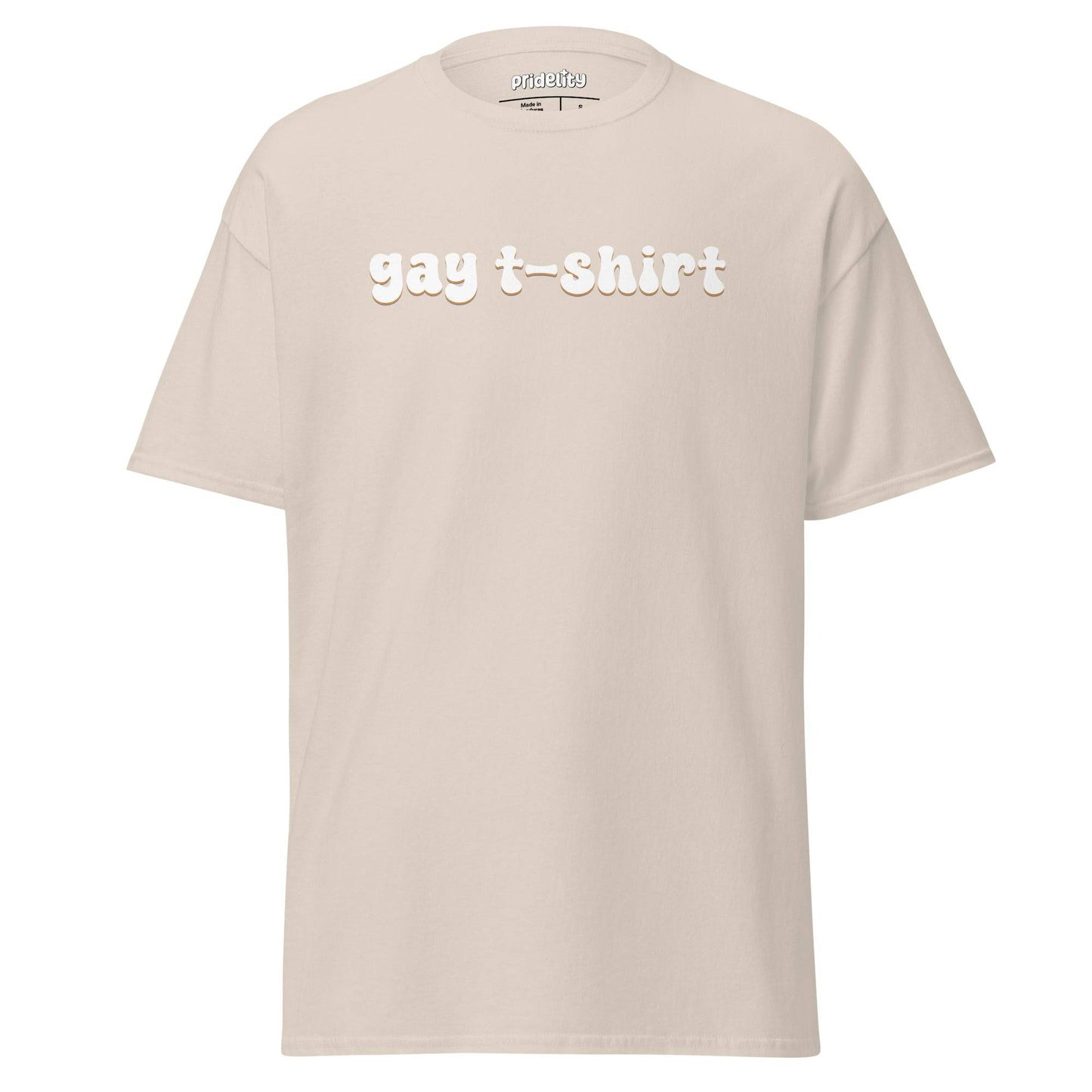 A pink T-shirt from Pridelity's Gay T-Shirt collection, adorned with the phrase "gay t-shirt" in bold, playful white letters across the front.