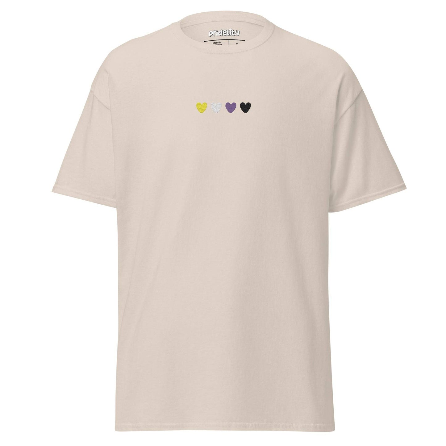 Introducing the Nonbinary Love T-Shirt by Pridelity, a stylish Azalea shirt adorned with a small row of four hearts on the chest. The hearts come in yellow, light pink, dark pink, and black hues to symbolize inclusivity.