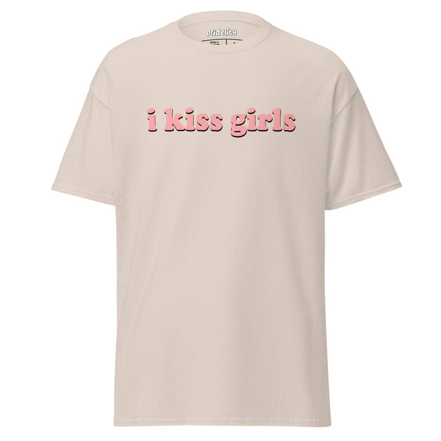 Introducing the I Kiss Girls T-Shirt by Pridelity: a white pride shirt with standout pink text saying "i kiss girls," designed on a simple backdrop.