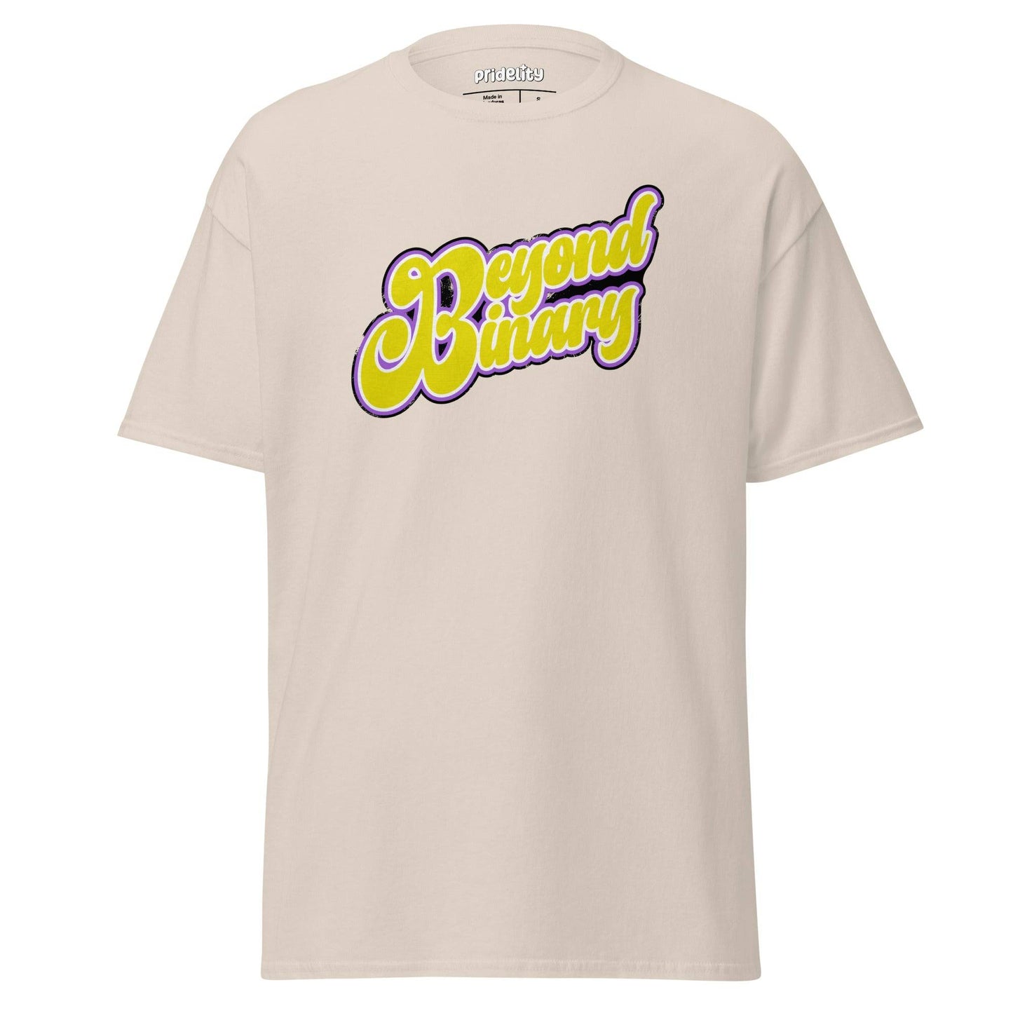 The Beyond Binary T-Shirt from Pridelity showcases bold, stylized purple and yellow text reading "Beyond Binary" across the chest, and it's part of our Pride Collection.