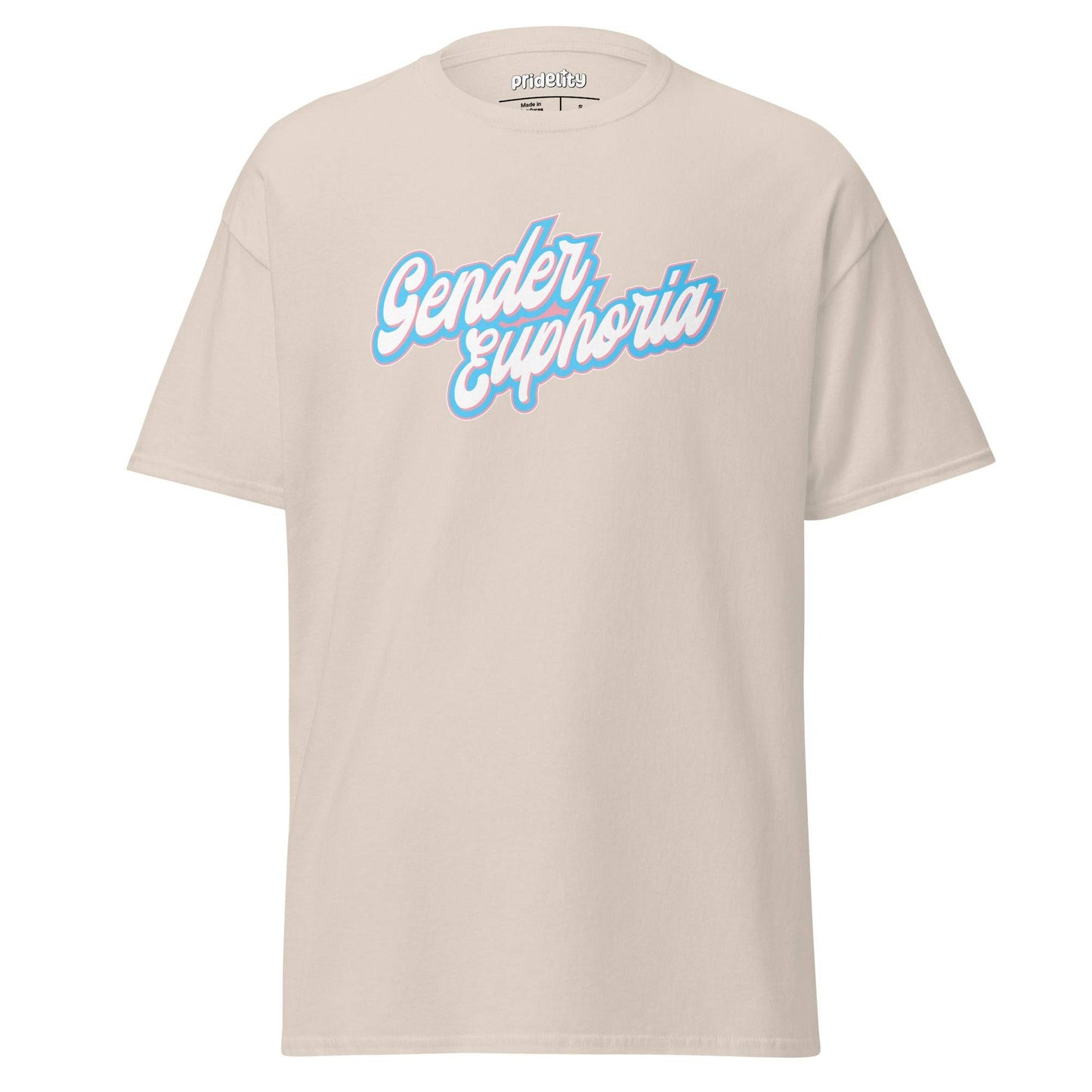 Light blue Pridelity T-shirt from our exclusive pride collection, featuring "Gender Euphoria" boldly printed in white and pink script across the front.