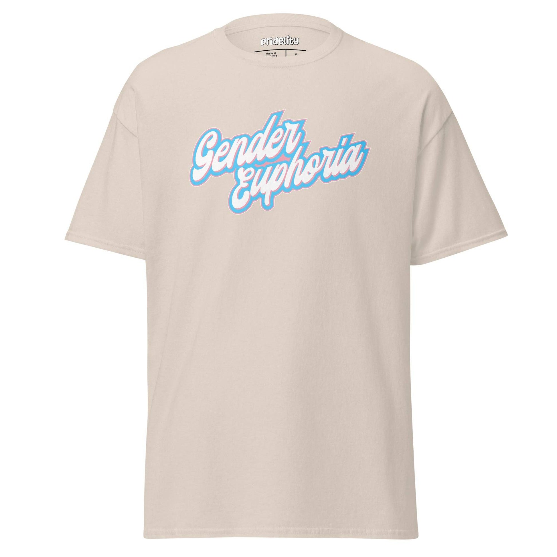 Light blue Pridelity T-shirt from our exclusive pride collection, featuring "Gender Euphoria" boldly printed in white and pink script across the front.