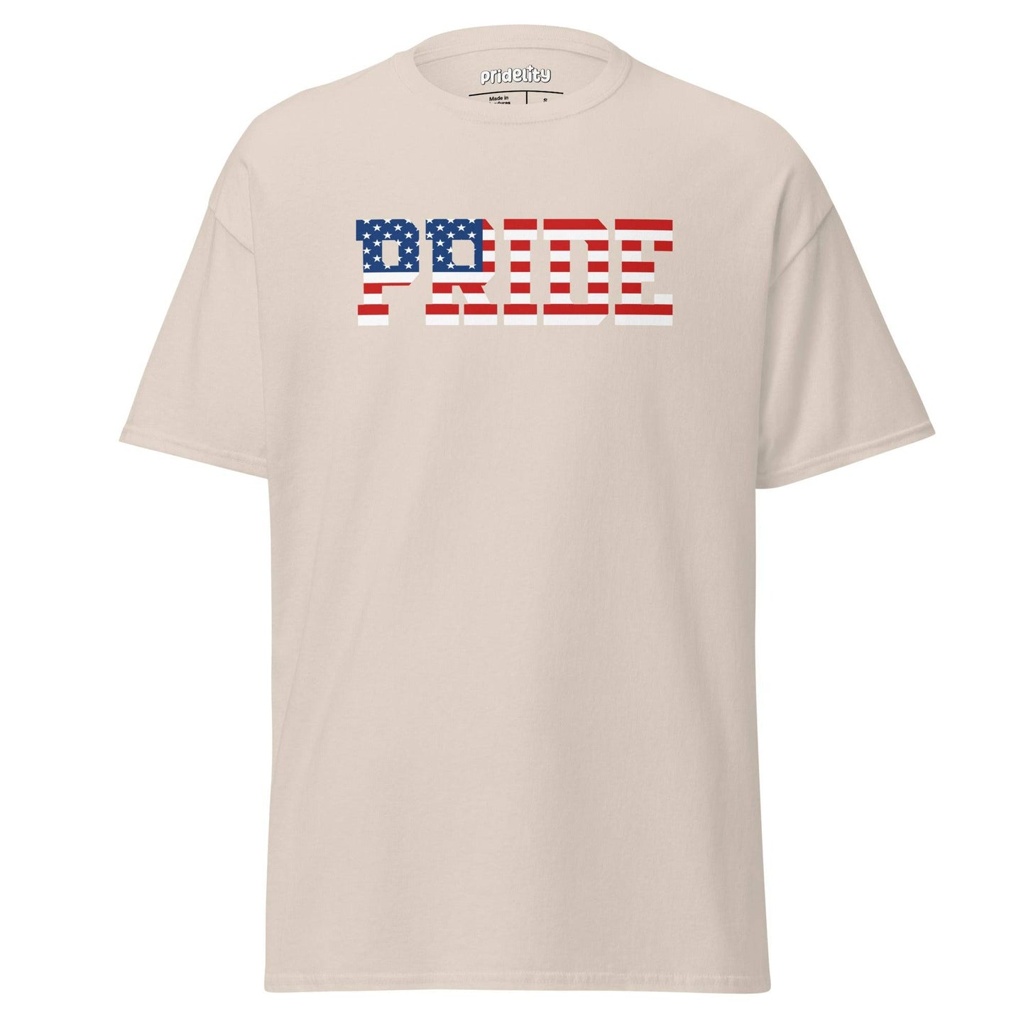 Introducing the American Pride T-Shirt from Pridelity's Pride Collections. This stylish black tee prominently features "PRIDE" in bold letters with an American flag pattern. The design celebrates diversity through stars and stripes in vibrant red, white, and blue—ideal for anyone looking to proudly express their pride with fashionable merch.