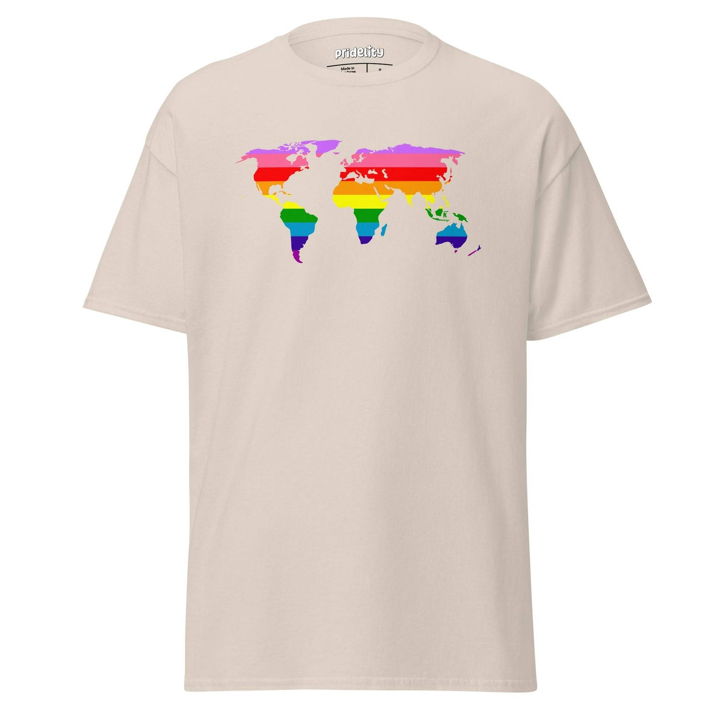 The World Pride T-Shirt by Pridelity features a striking world map design in rainbow colors across the chest, set on a light blue background.