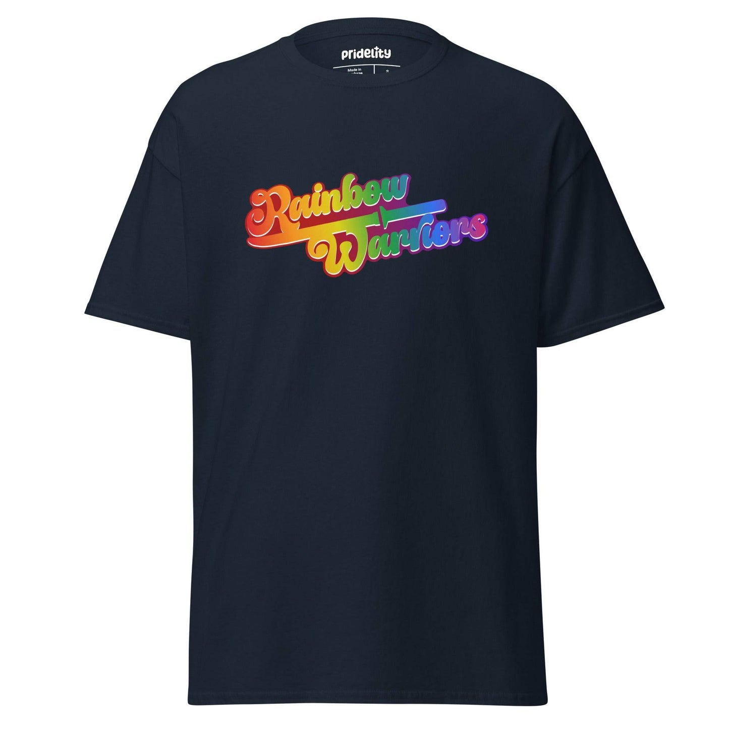A gold Rainbow Warriors T-Shirt by Pridelity featuring the phrase "Rainbow Warriors" printed on the front in colorful, gradient letters.