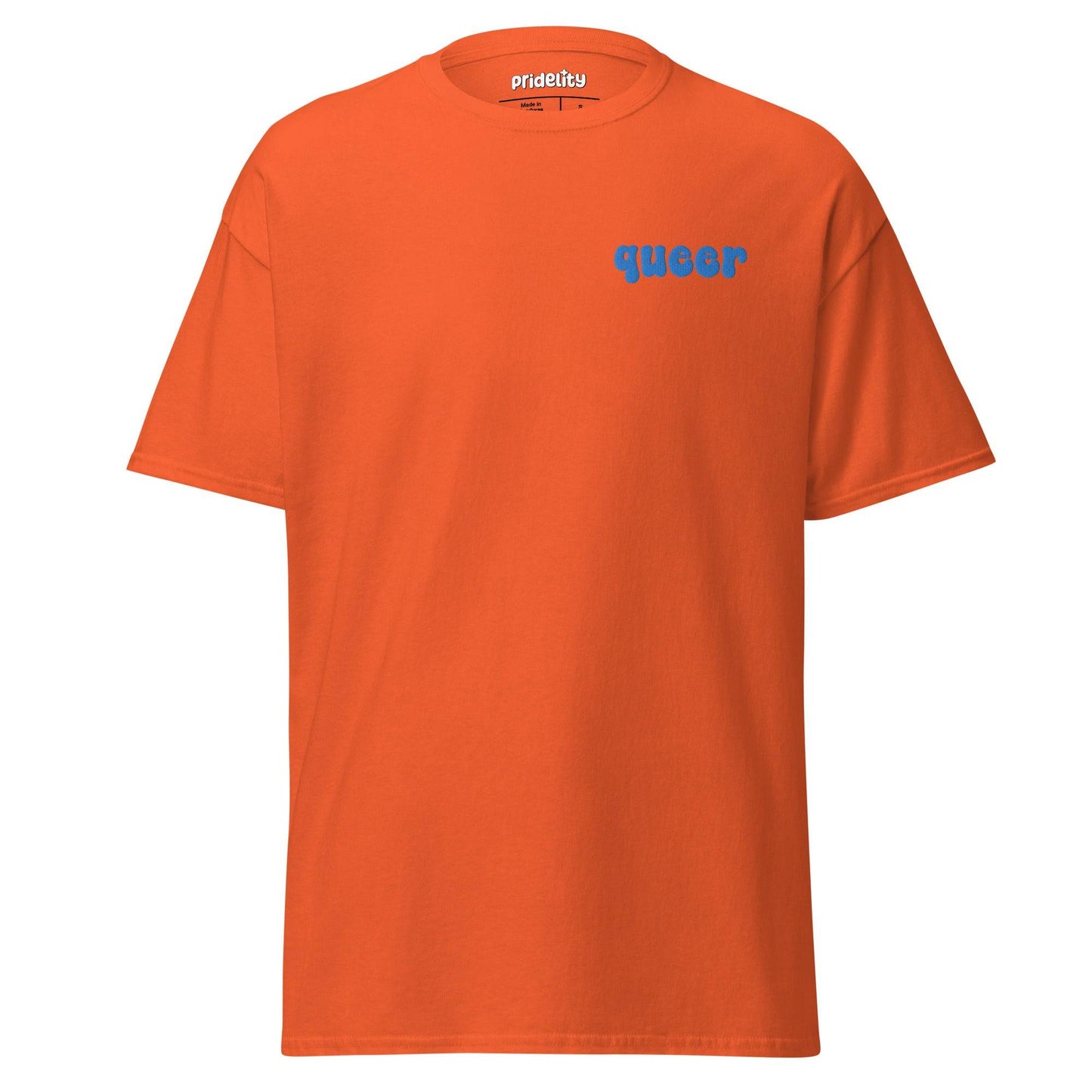 Pridelity's "Queer T-Shirt" in white showcases the word "queer" in striking bold blue text on the upper left side.