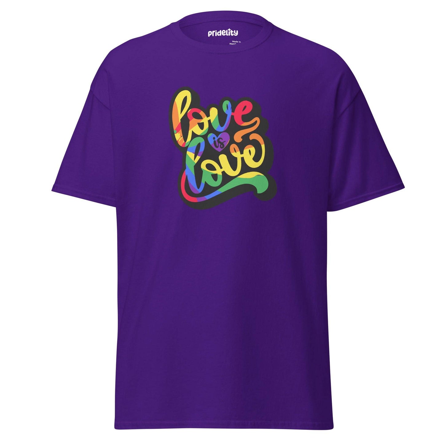 The Love Is Love T-Shirt by Pridelity is a royal blue shirt adorned with the vibrant, multicolored phrase "love is love" in a cursive style. The design shines with bold rainbow hues, and the inside collar proudly displays the Pridelity brand name.