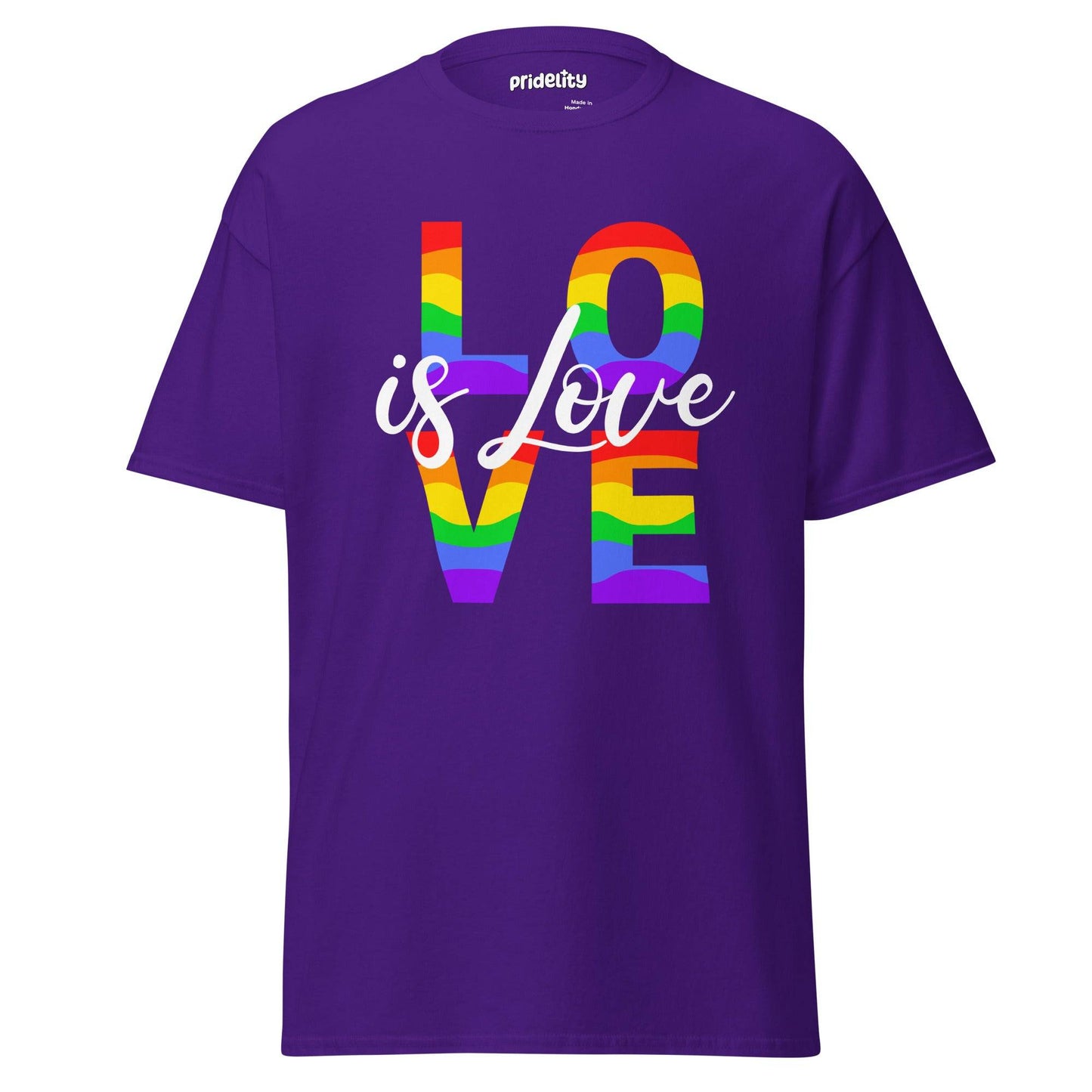 The Lovely T-Shirt from Pridelity showcases a pink T-shirt adorned with the phrase "LOVE is Love" on the front. The word "LOVE" is artfully filled with vibrant rainbow stripes, highlighting its strong message of inclusivity and support for the LGBTQ+ community.