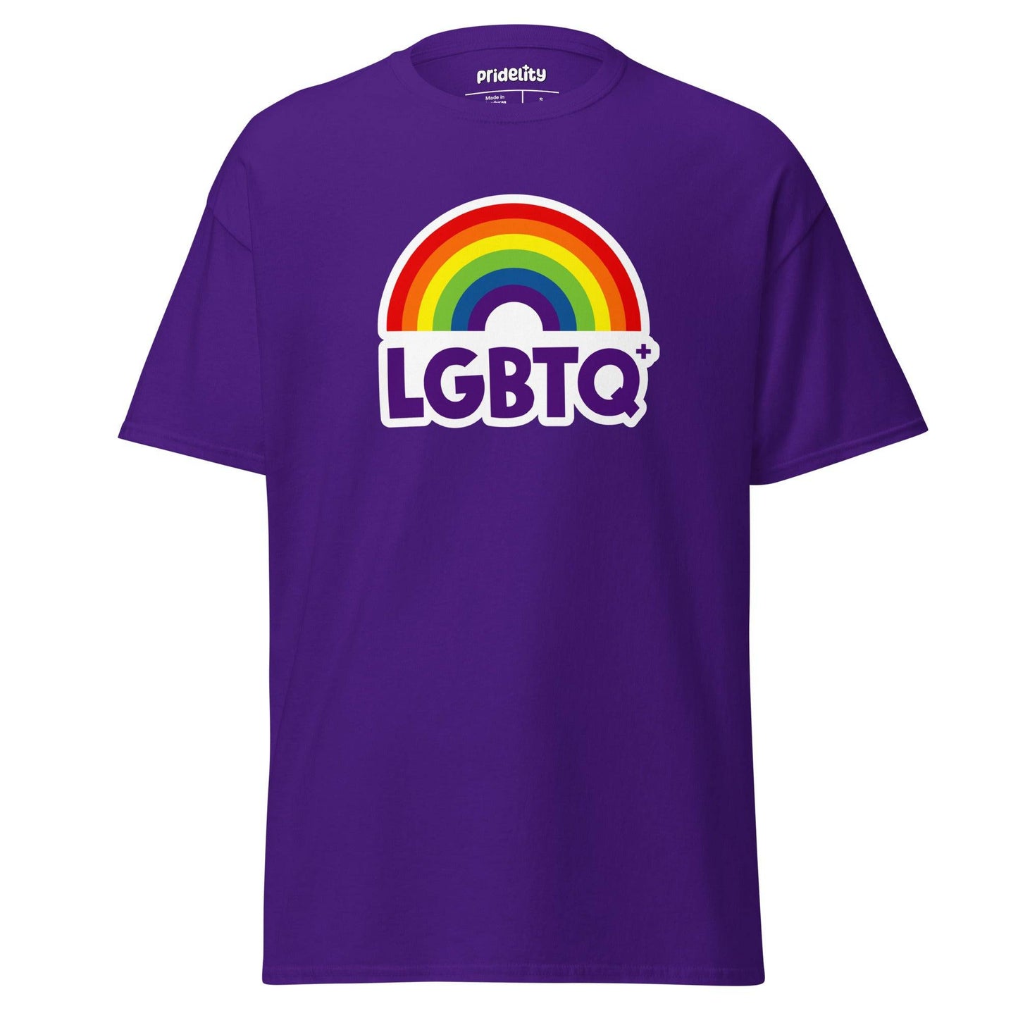 Introducing the Pridelity LGBTQ+ Rainbow T-Shirt: a black shirt adorned with a vibrant rainbow arching over bold, colorful "LGBTQ+" lettering.