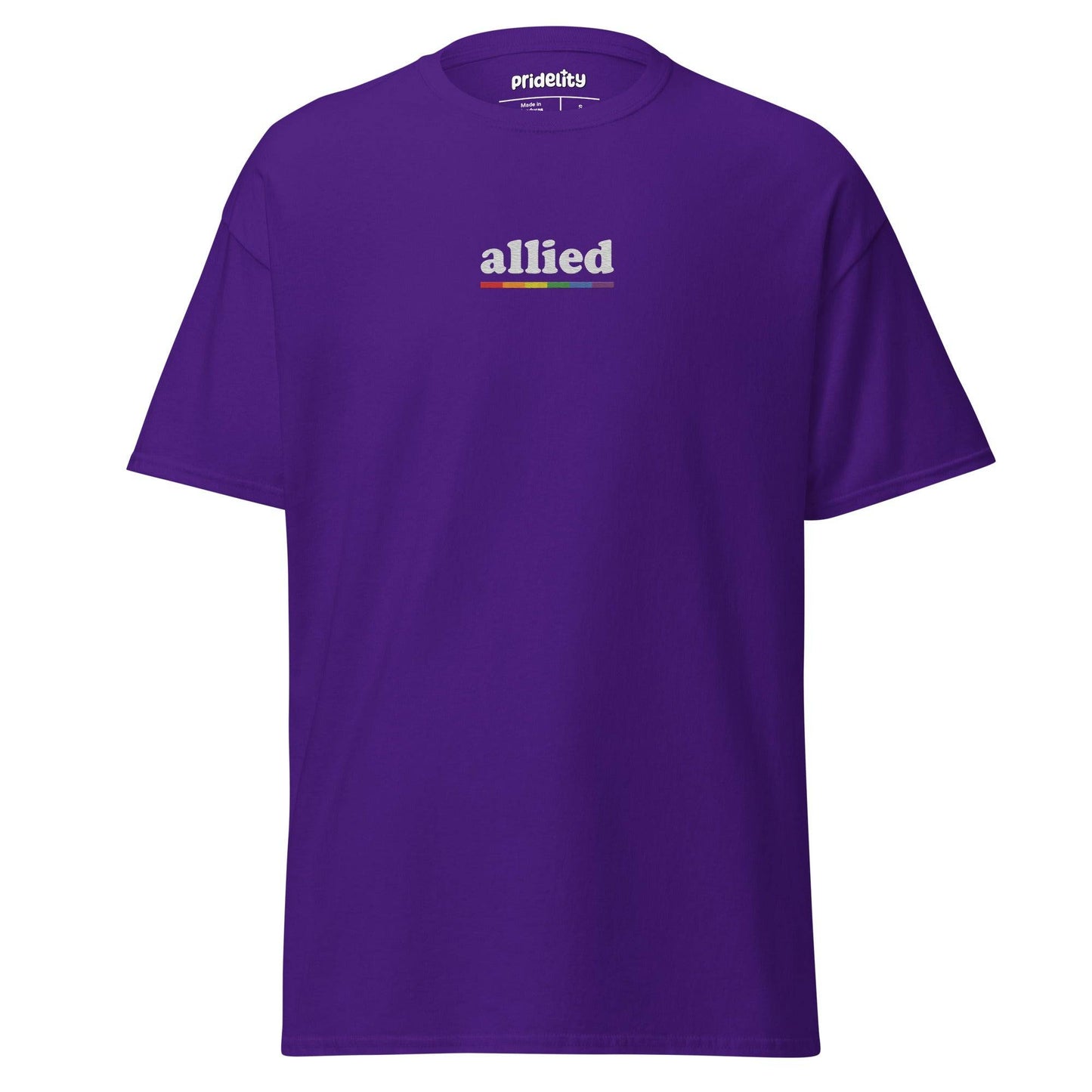 Introducing the "Allied T-Shirt" by Pridelity: a stylish black T-shirt featuring the word "allied" in lowercase letters on the chest. The white letters are creatively outlined with a rainbow gradient. This piece from Pridelity's Pride Collection celebrates unity and inclusivity with flair.
