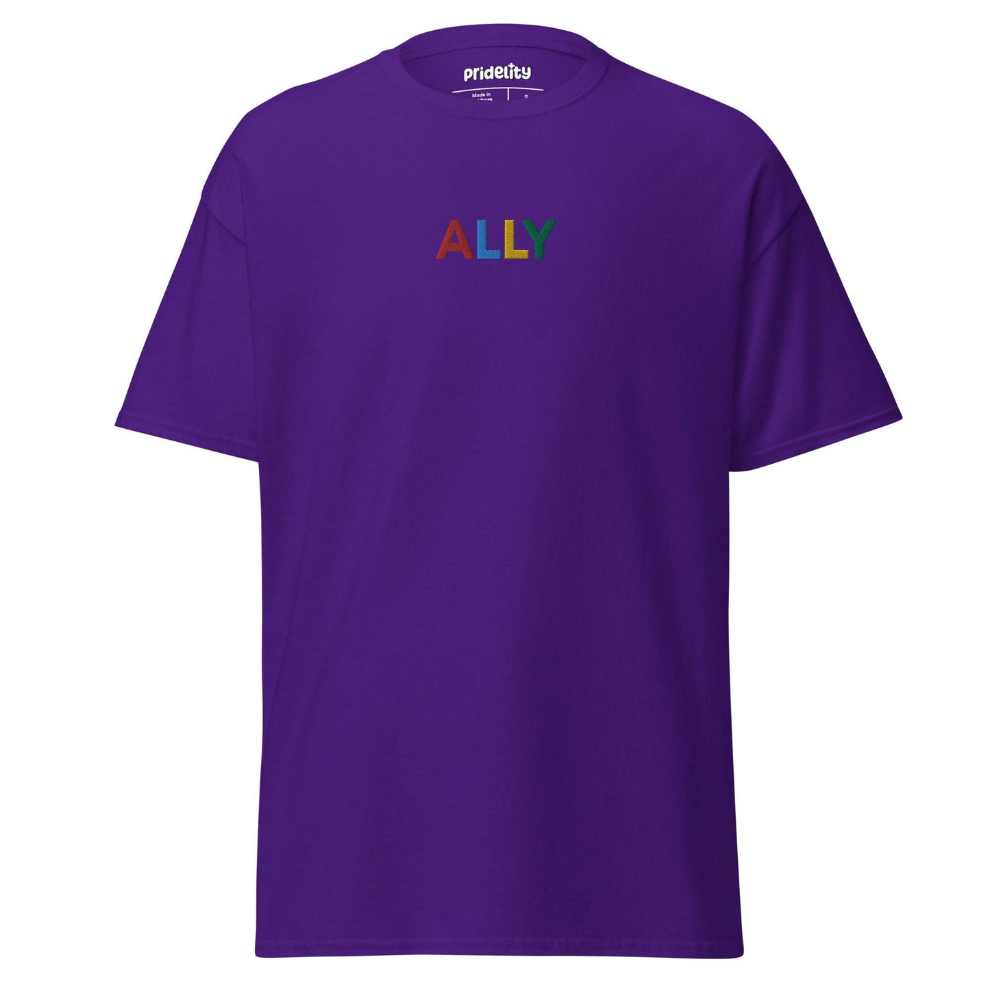 Pridelity's Ally T-Shirt features the word "ALLY" printed on the front in vibrant rainbow colors, celebrating Pride and inclusivity.